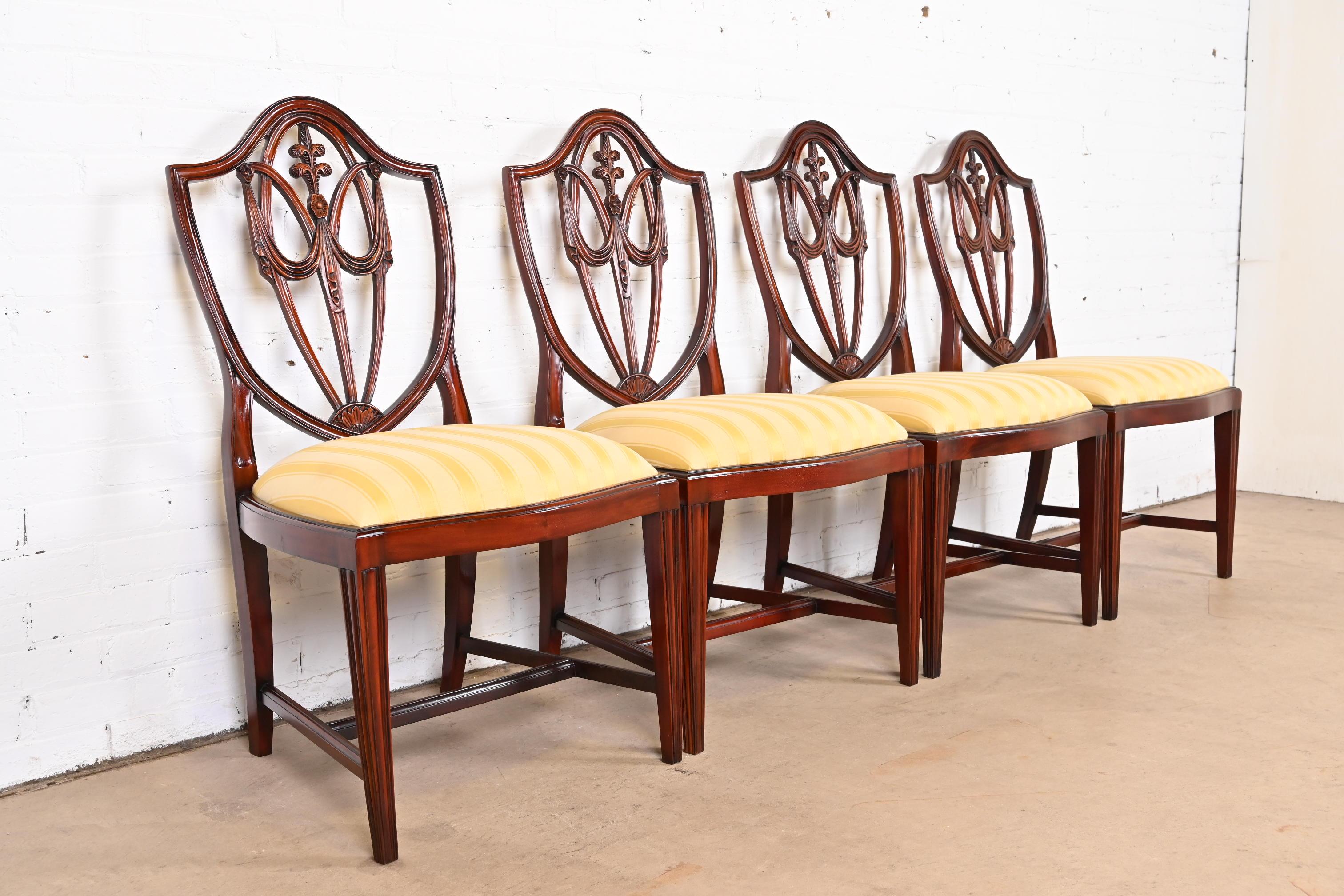 Upholstery Baker Furniture Regency Carved Mahogany Shield Back Dining Chairs, Set of Four