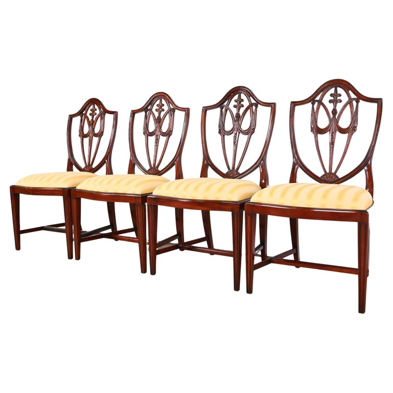 Baker Furniture Regency Carved Mahogany Shield Back Dining Chairs, Set