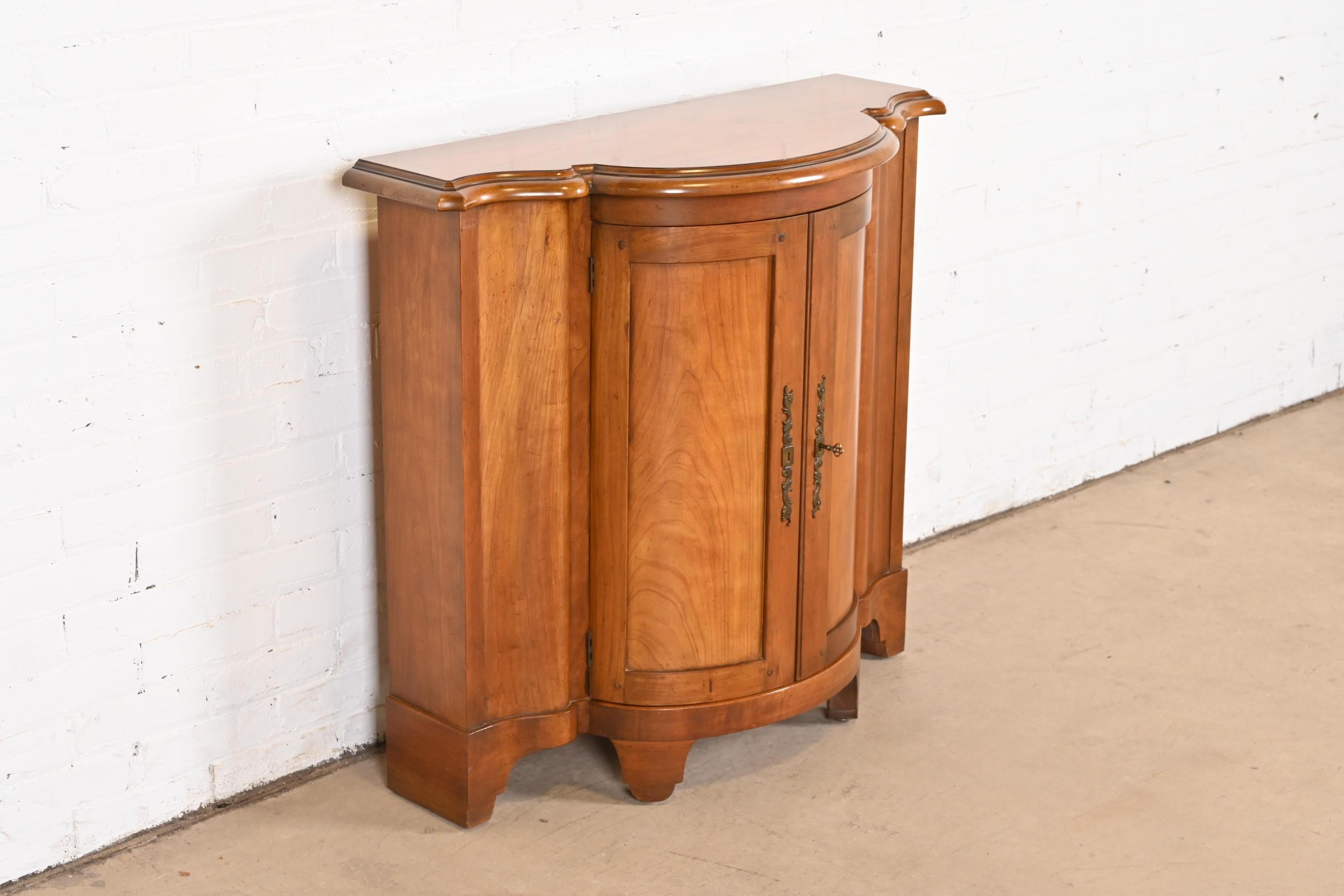 Late 20th Century Baker Furniture Regency Cherry Wood Demilune Console or Bar Cabinet For Sale