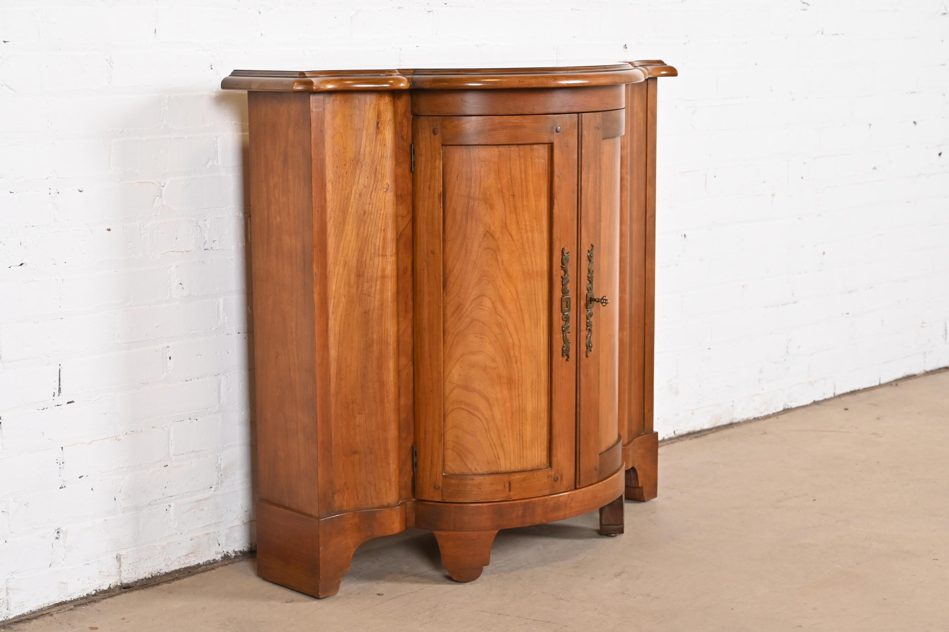 Brass Baker Furniture Regency Cherry Wood Demilune Console or Bar Cabinet For Sale