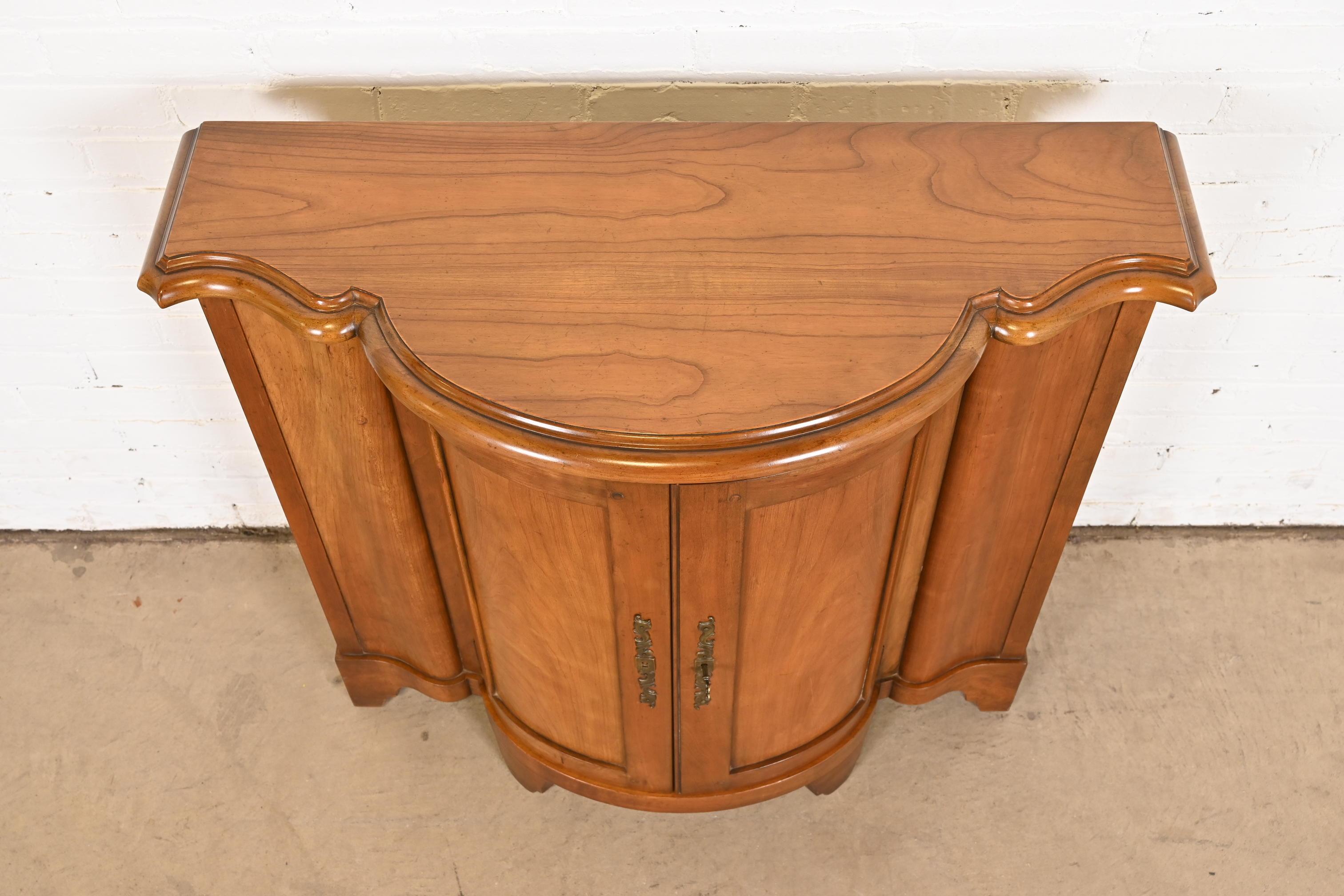 Baker Furniture Regency Cherry Wood Demilune Console or Bar Cabinet For Sale 1