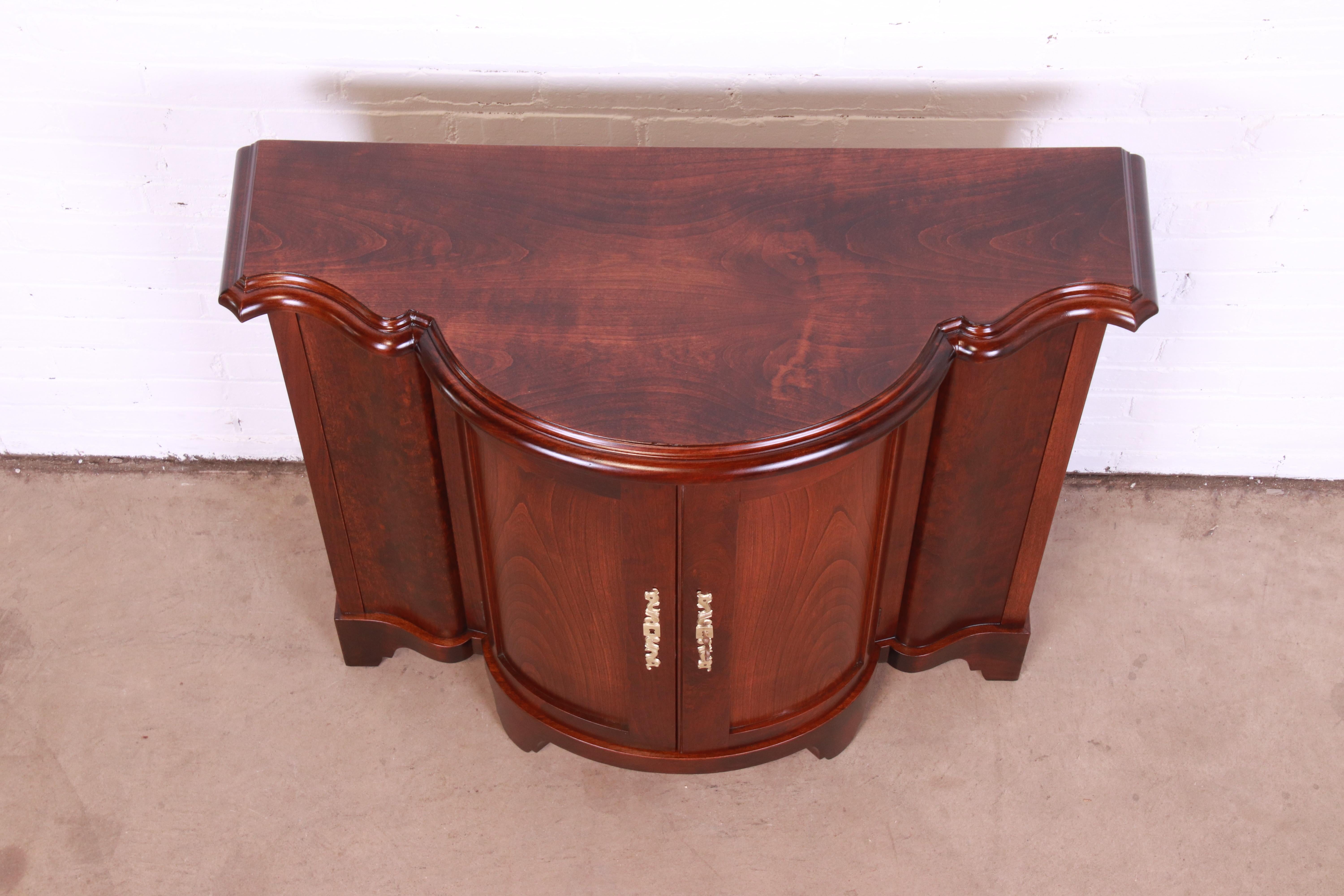 Baker Furniture Regency Cherry Wood Demilune Console or Bar Cabinet, Refinished For Sale 3