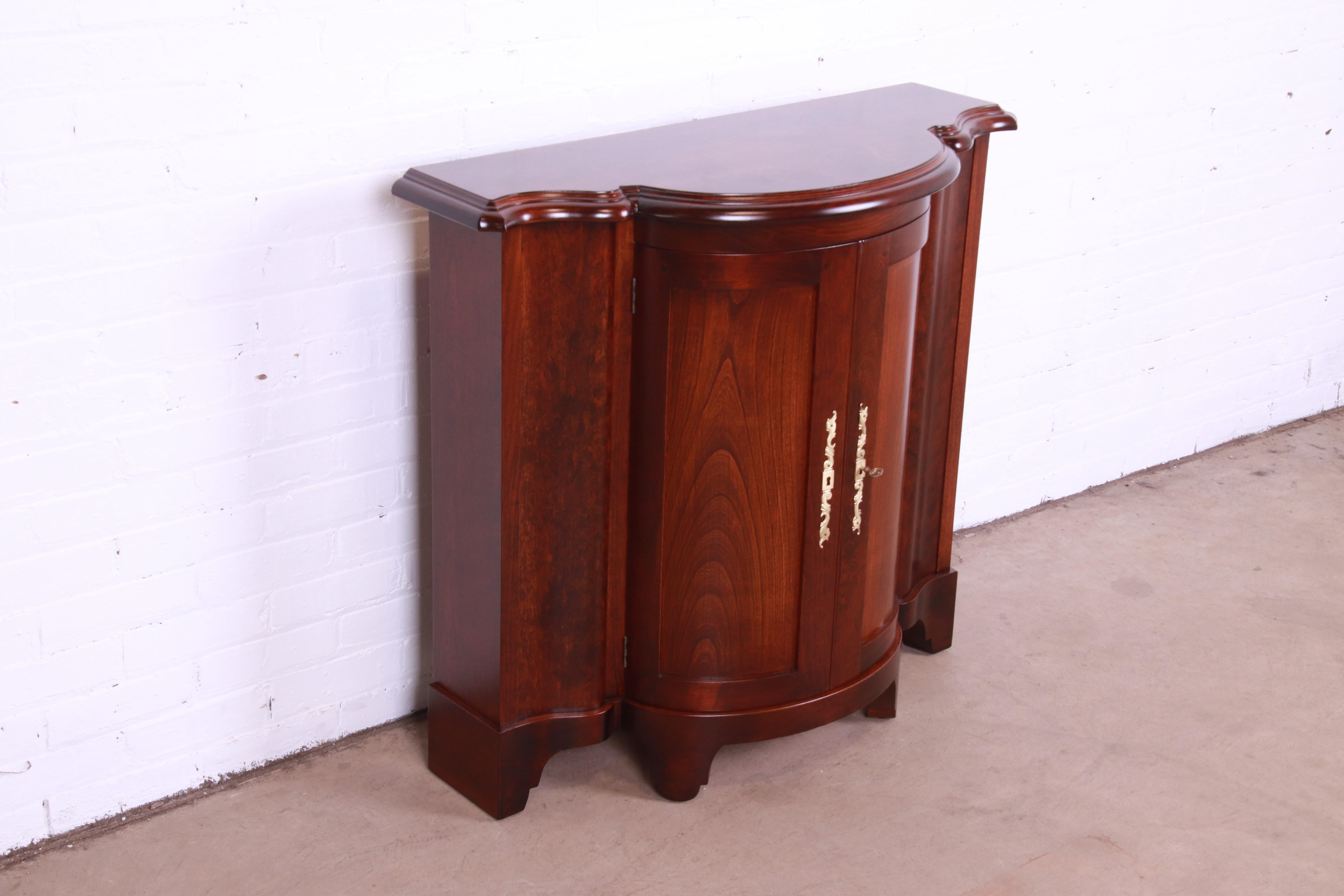 Baker Furniture Regency Cherry Wood Demilune Console or Bar Cabinet, Refinished In Good Condition For Sale In South Bend, IN