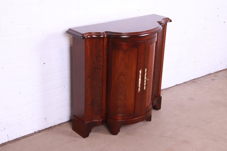 Brass Baker Furniture Regency Cherry Wood Demilune Console or Bar Cabinet, Refinished For Sale