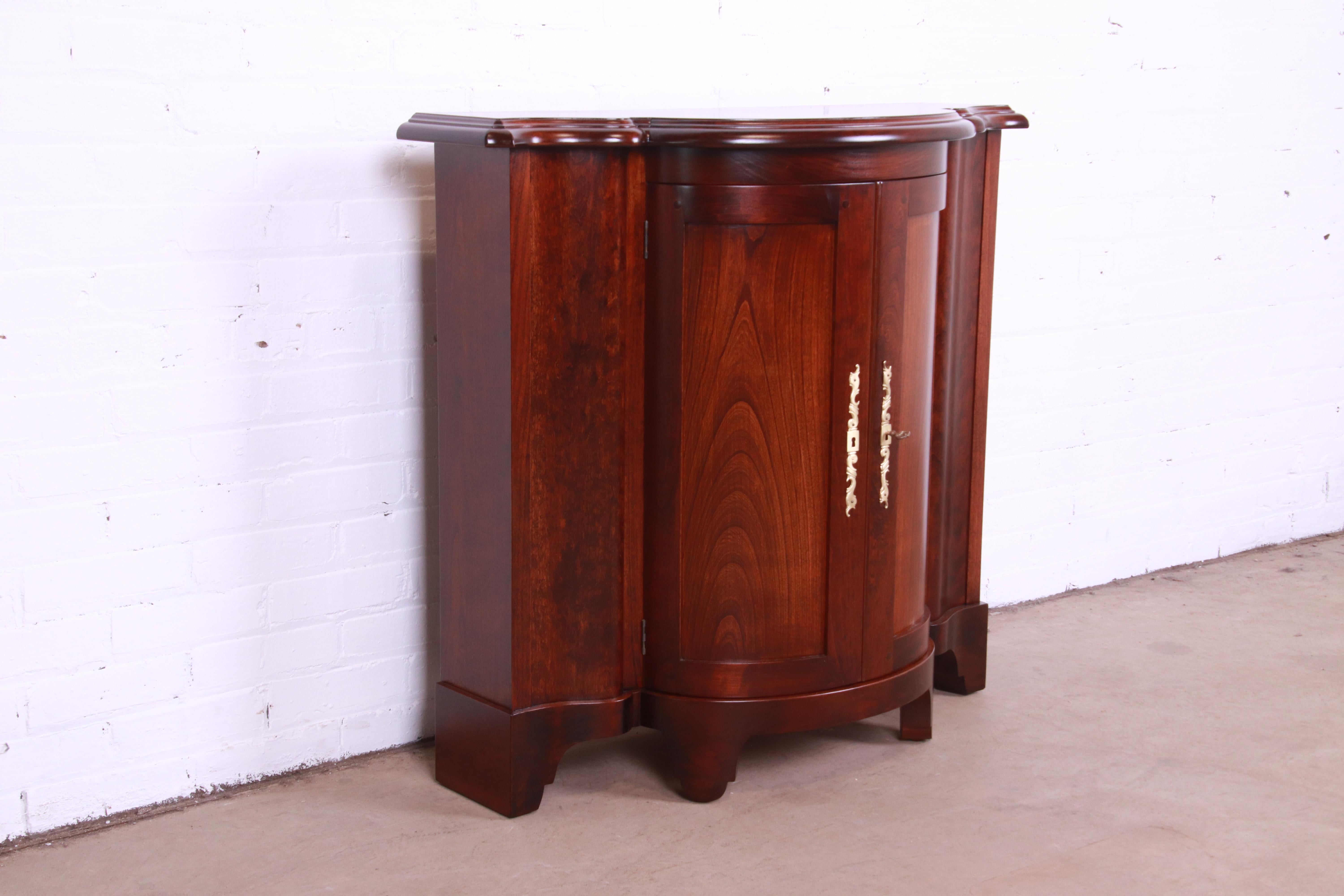 20th Century Baker Furniture Regency Cherry Wood Demilune Console or Bar Cabinet, Refinished For Sale