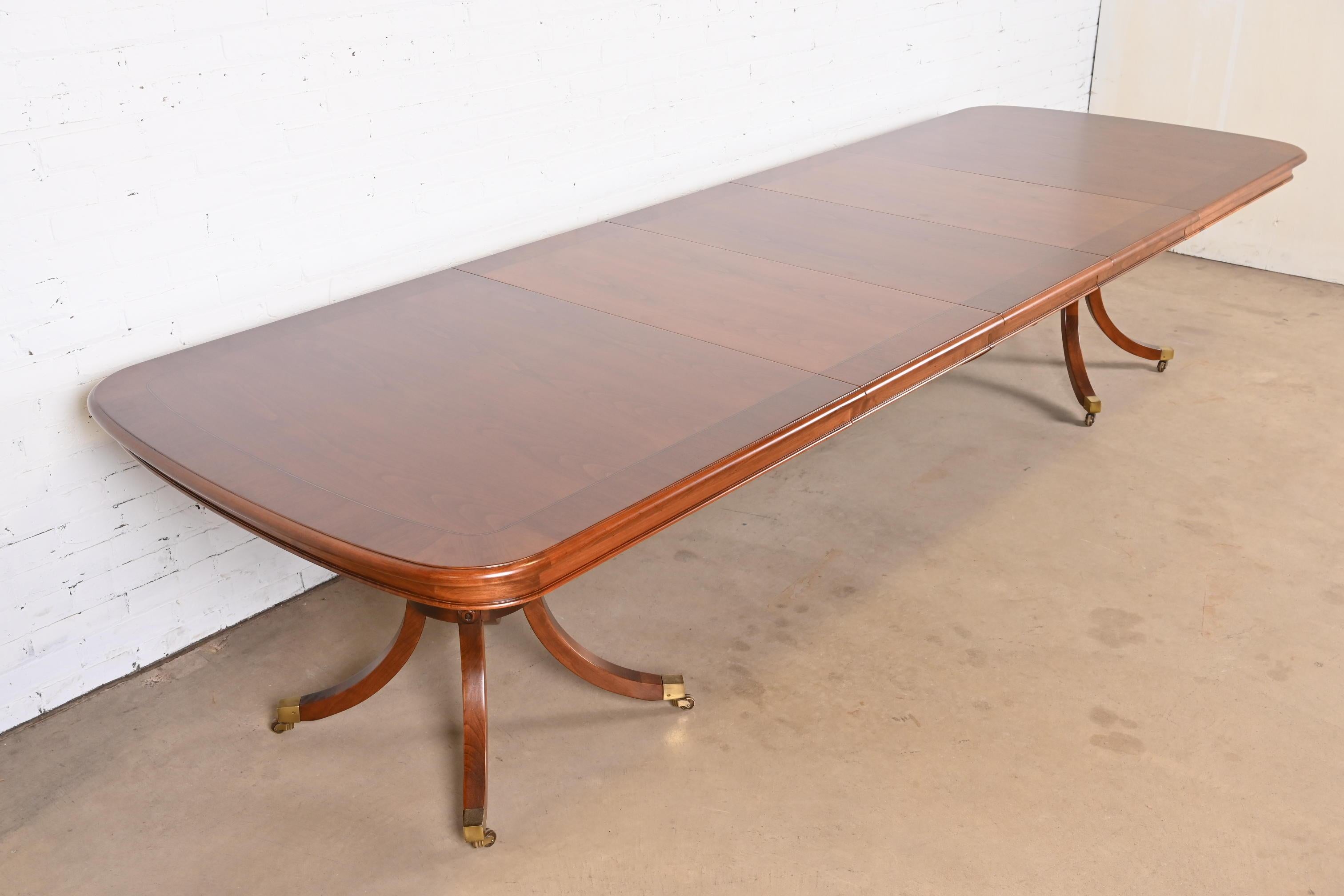 20th Century Baker Furniture Regency Cherry Wood Double Pedestal Dining Table, Refinished For Sale