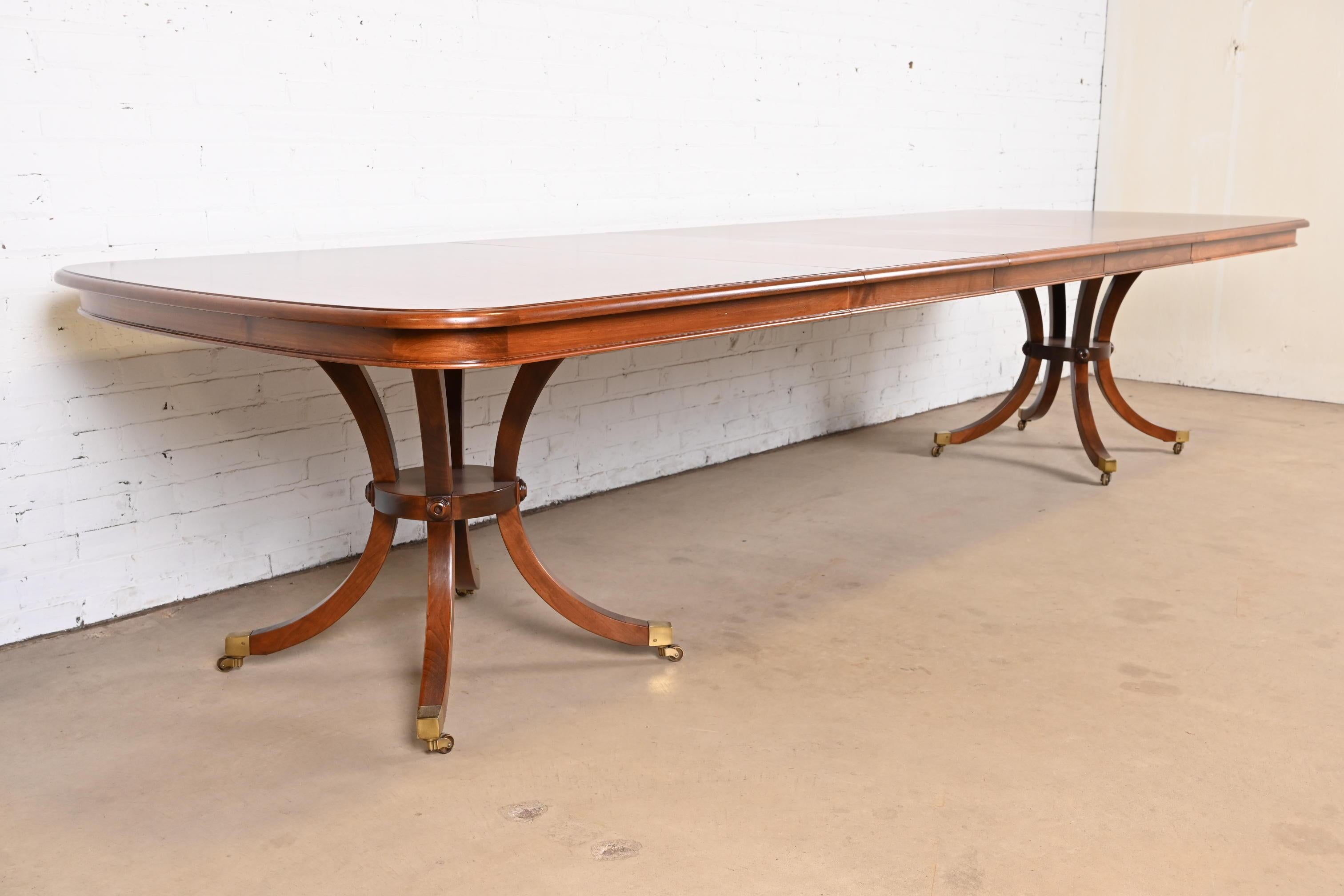 Brass Baker Furniture Regency Cherry Wood Double Pedestal Dining Table, Refinished For Sale