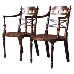 Baker Furniture Regency Ebonized and Gold Gilt Armchairs, Pair