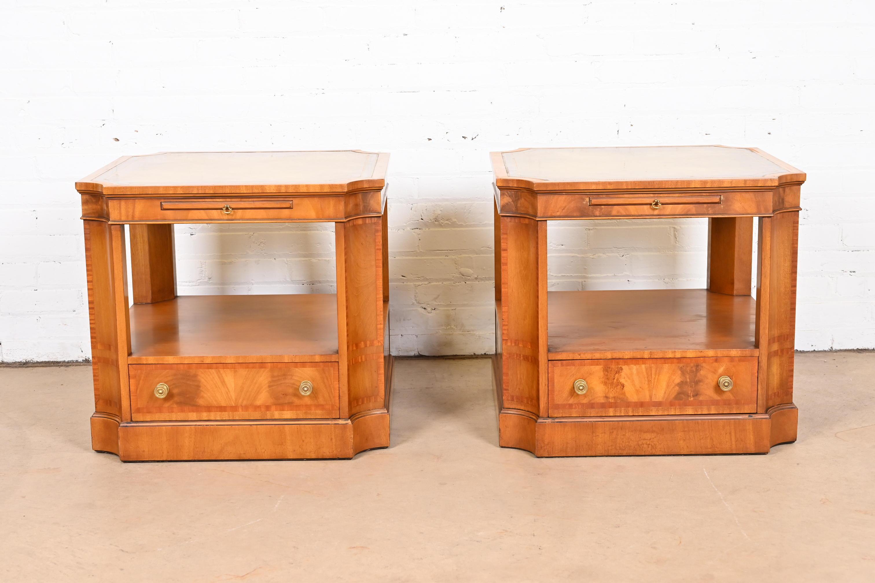American Baker Furniture Regency Flame Mahogany Leather Top Nightstands or End Tables For Sale