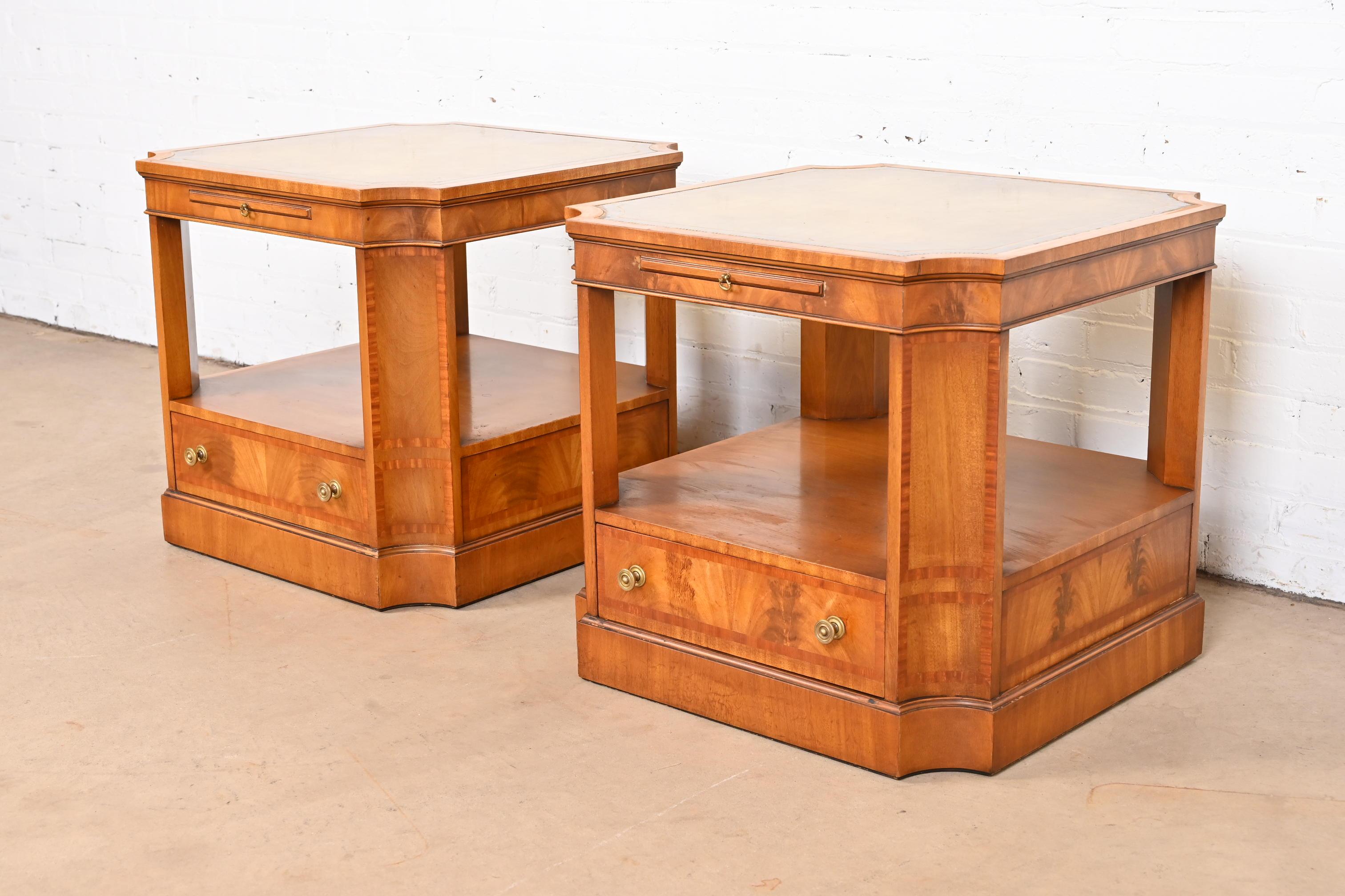 Mid-20th Century Baker Furniture Regency Flame Mahogany Leather Top Nightstands or End Tables For Sale
