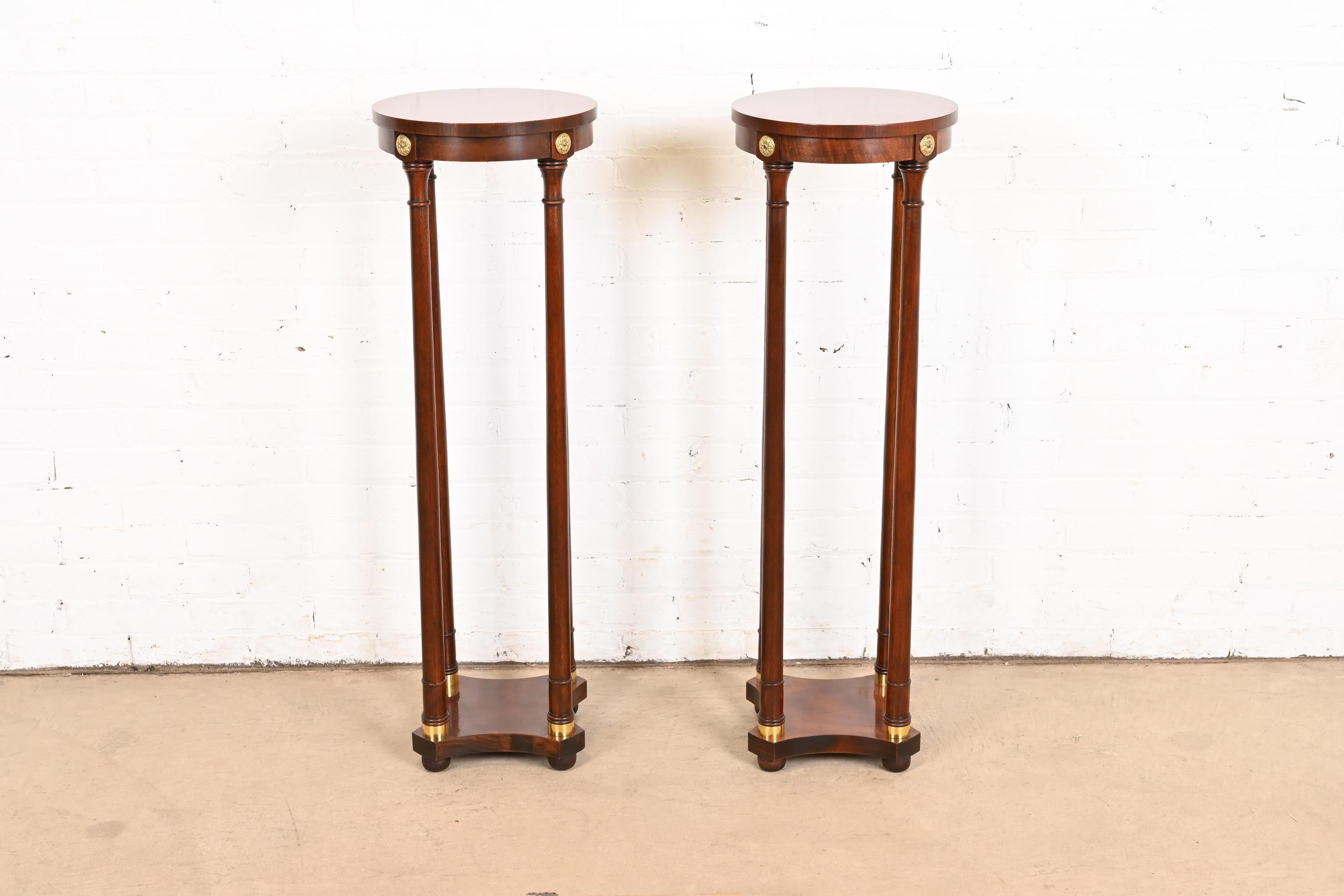 American Baker Furniture Regency Mahogany and Brass Pedestal Plant Stands, Pair