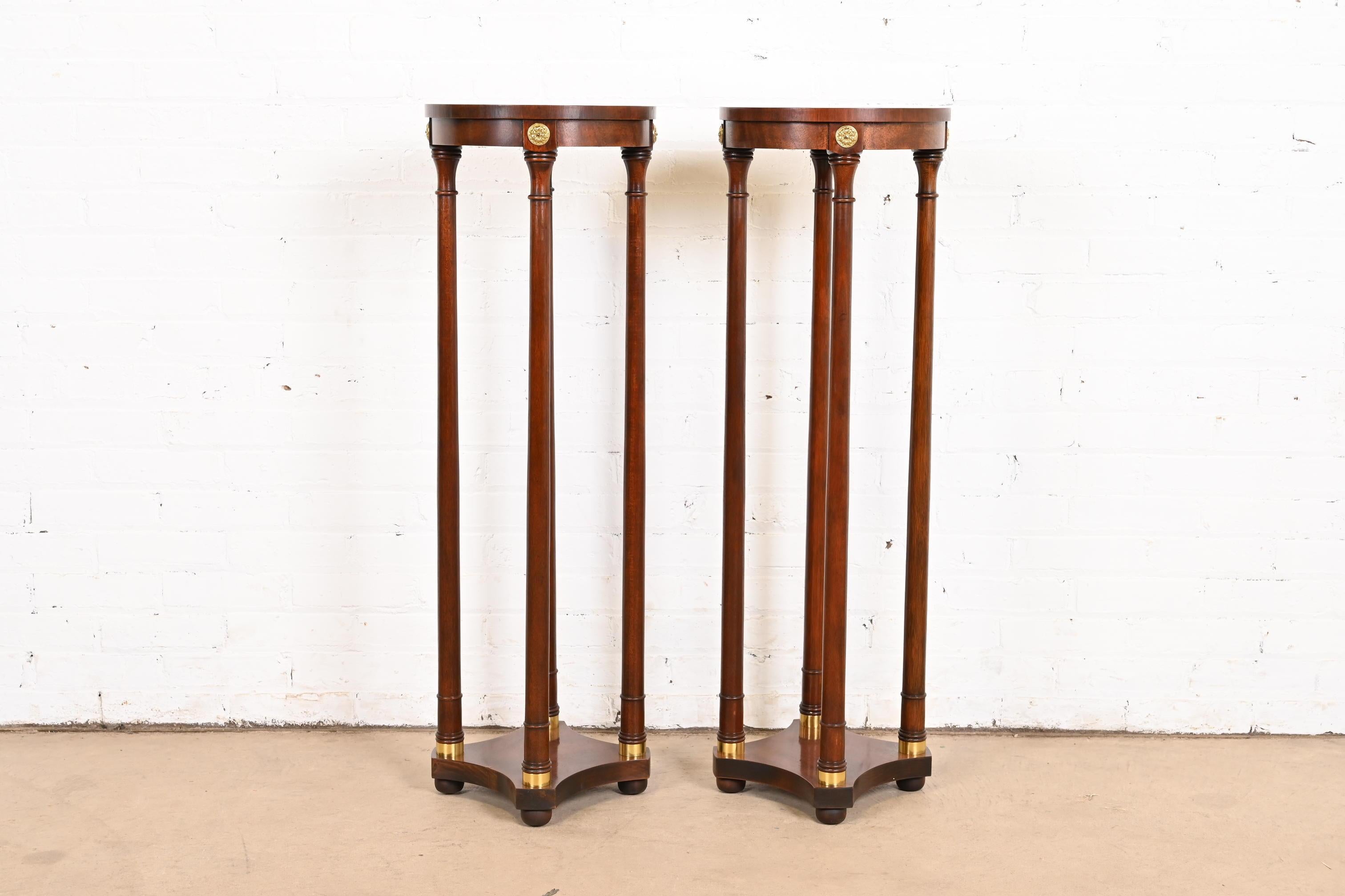 Late 20th Century Baker Furniture Regency Mahogany and Brass Pedestal Plant Stands, Pair