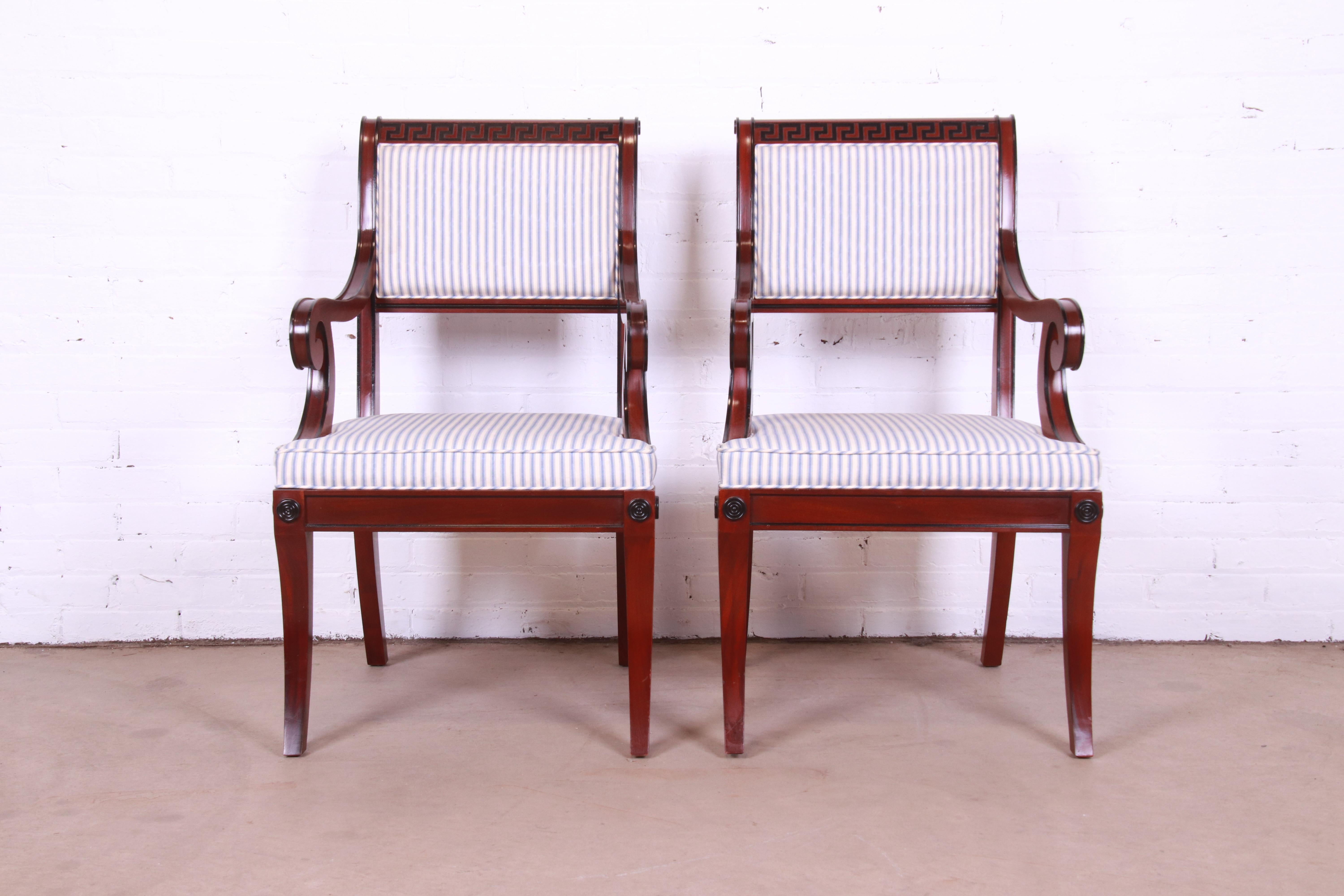 Baker Furniture Regency Mahogany and Ebonized Greek Key Armchairs, Pair In Good Condition In South Bend, IN