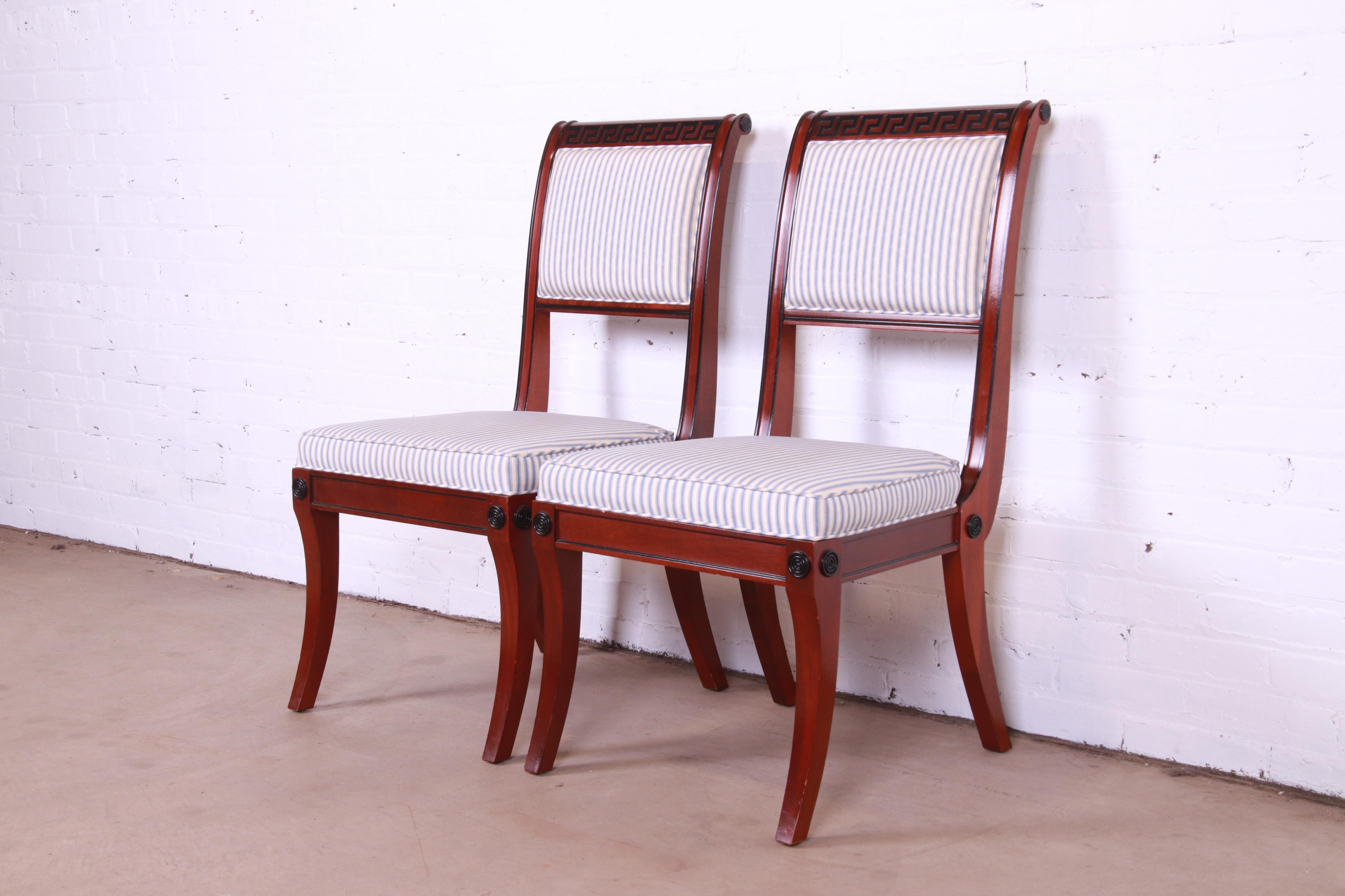 American Baker Furniture Regency Mahogany and Ebonized Greek Key Side Chairs, Pair