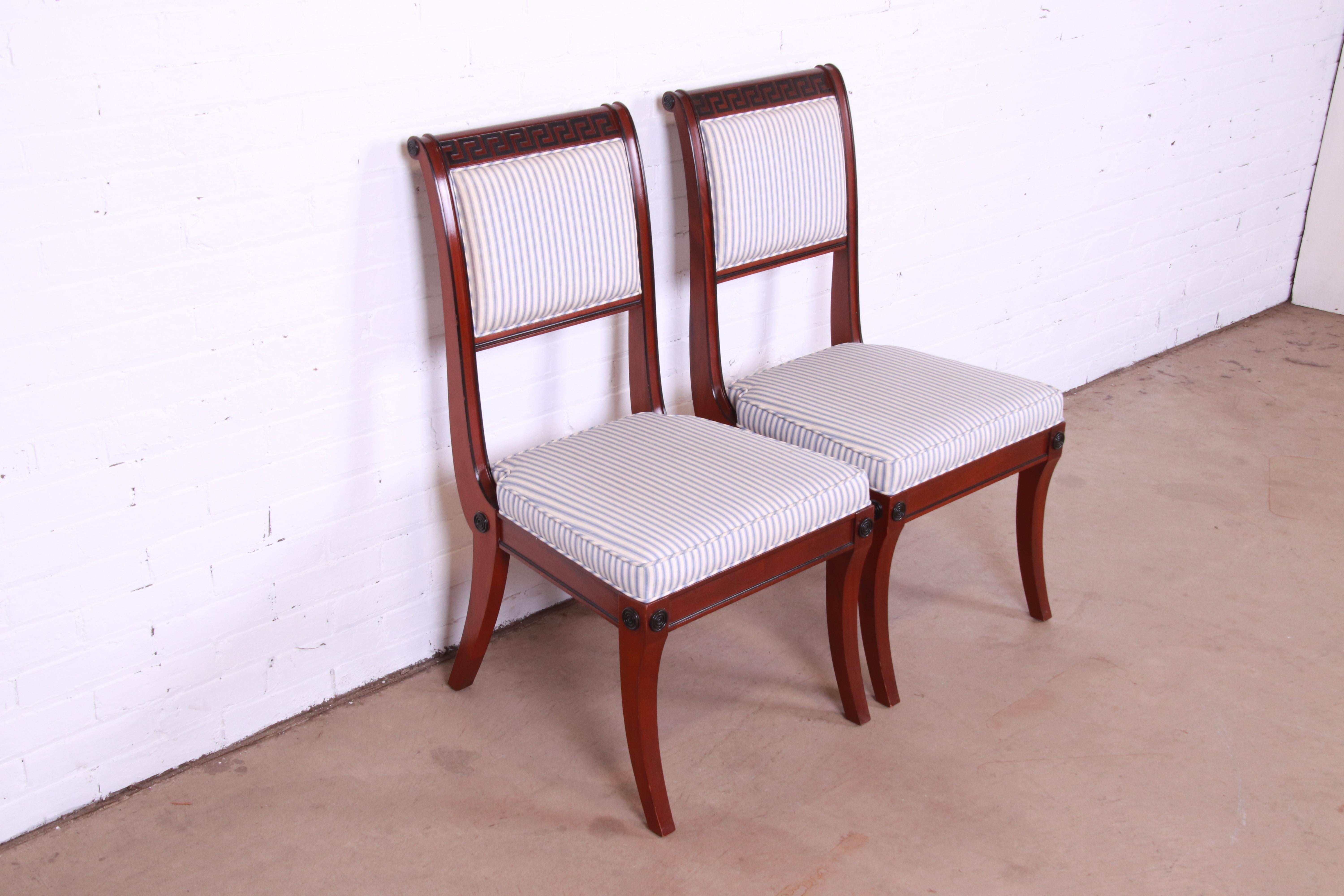 Baker Furniture Regency Mahogany and Ebonized Greek Key Side Chairs, Pair In Good Condition In South Bend, IN