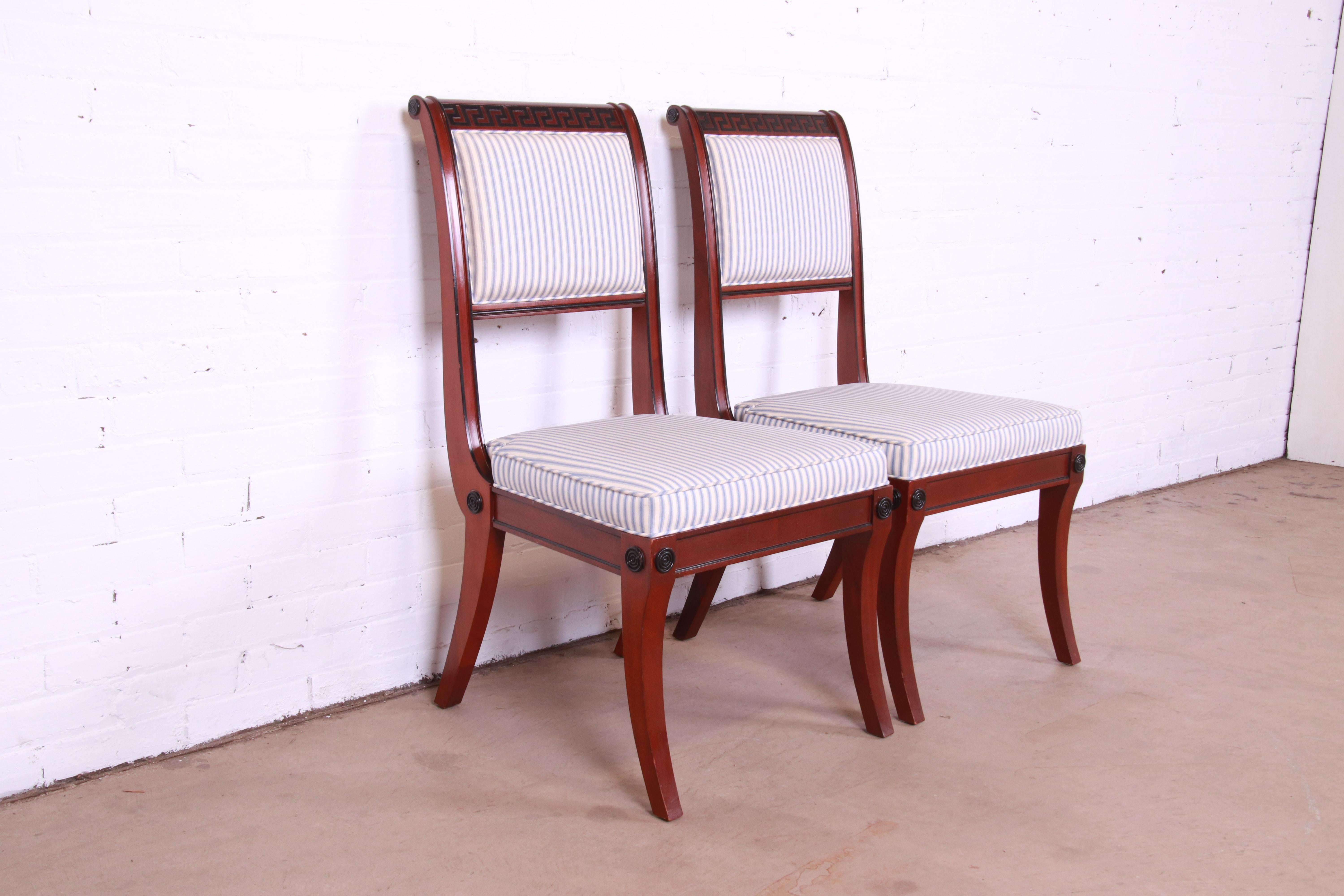 20th Century Baker Furniture Regency Mahogany and Ebonized Greek Key Side Chairs, Pair