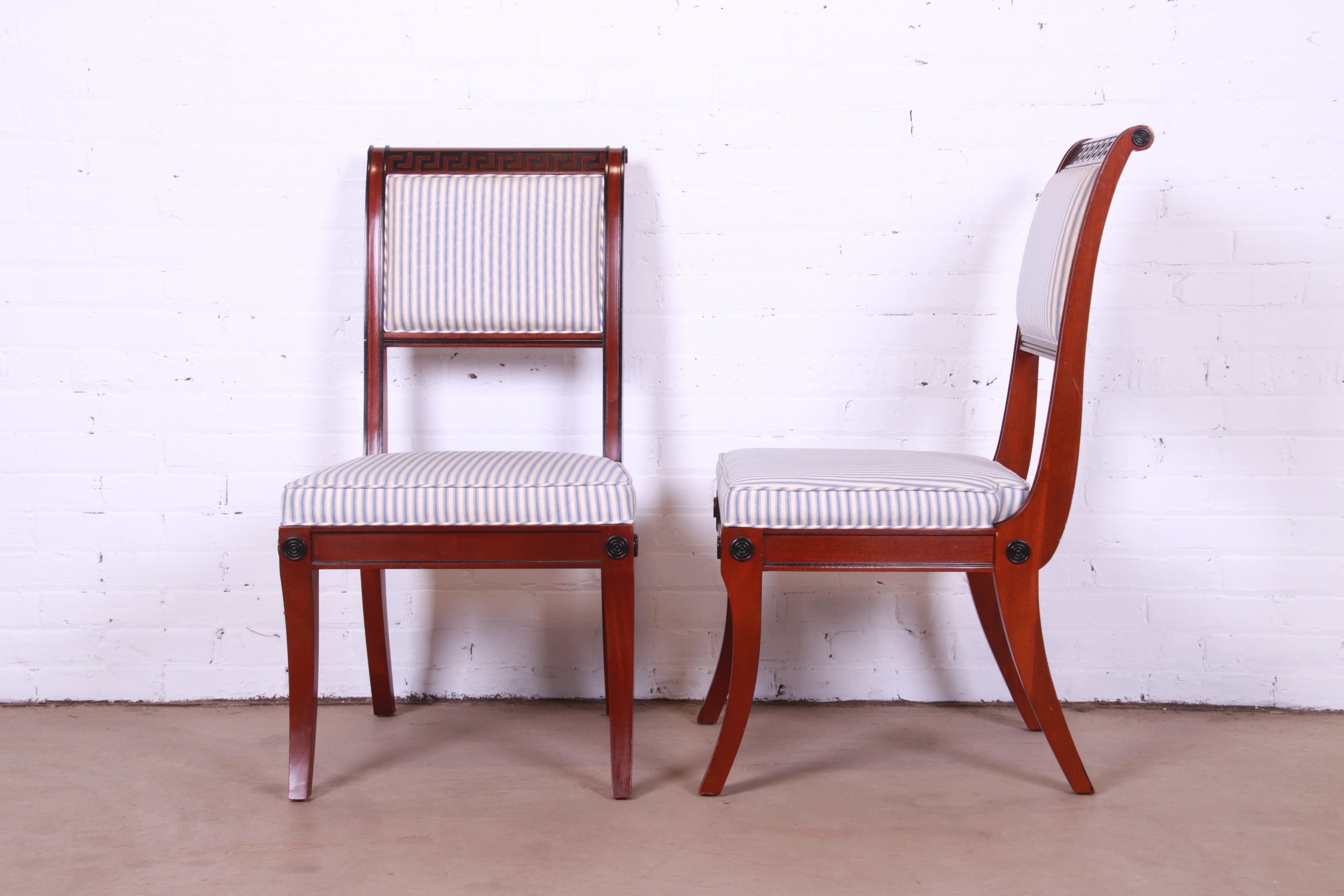 Upholstery Baker Furniture Regency Mahogany and Ebonized Greek Key Side Chairs, Pair