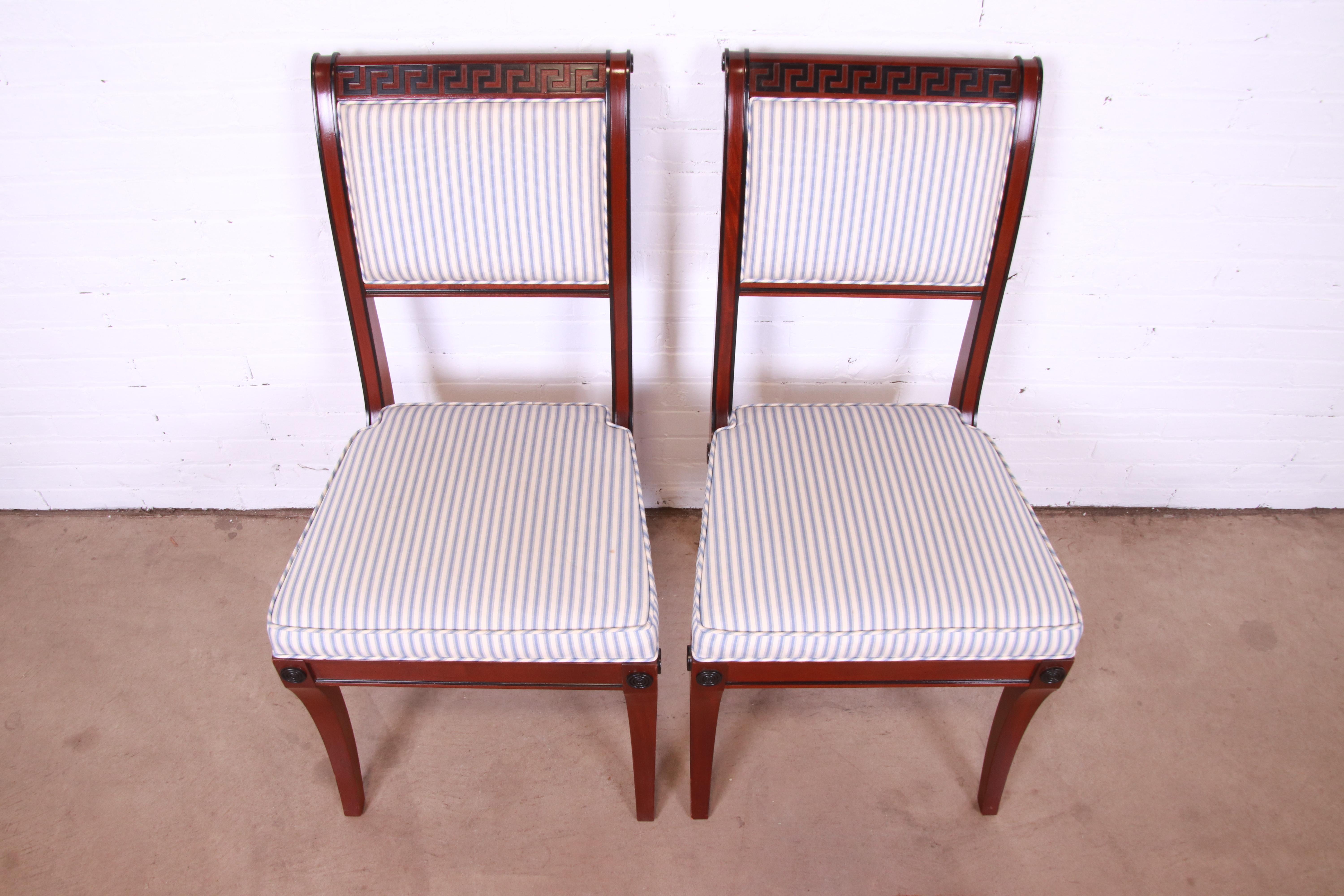Baker Furniture Regency Mahogany and Ebonized Greek Key Side Chairs, Pair 1