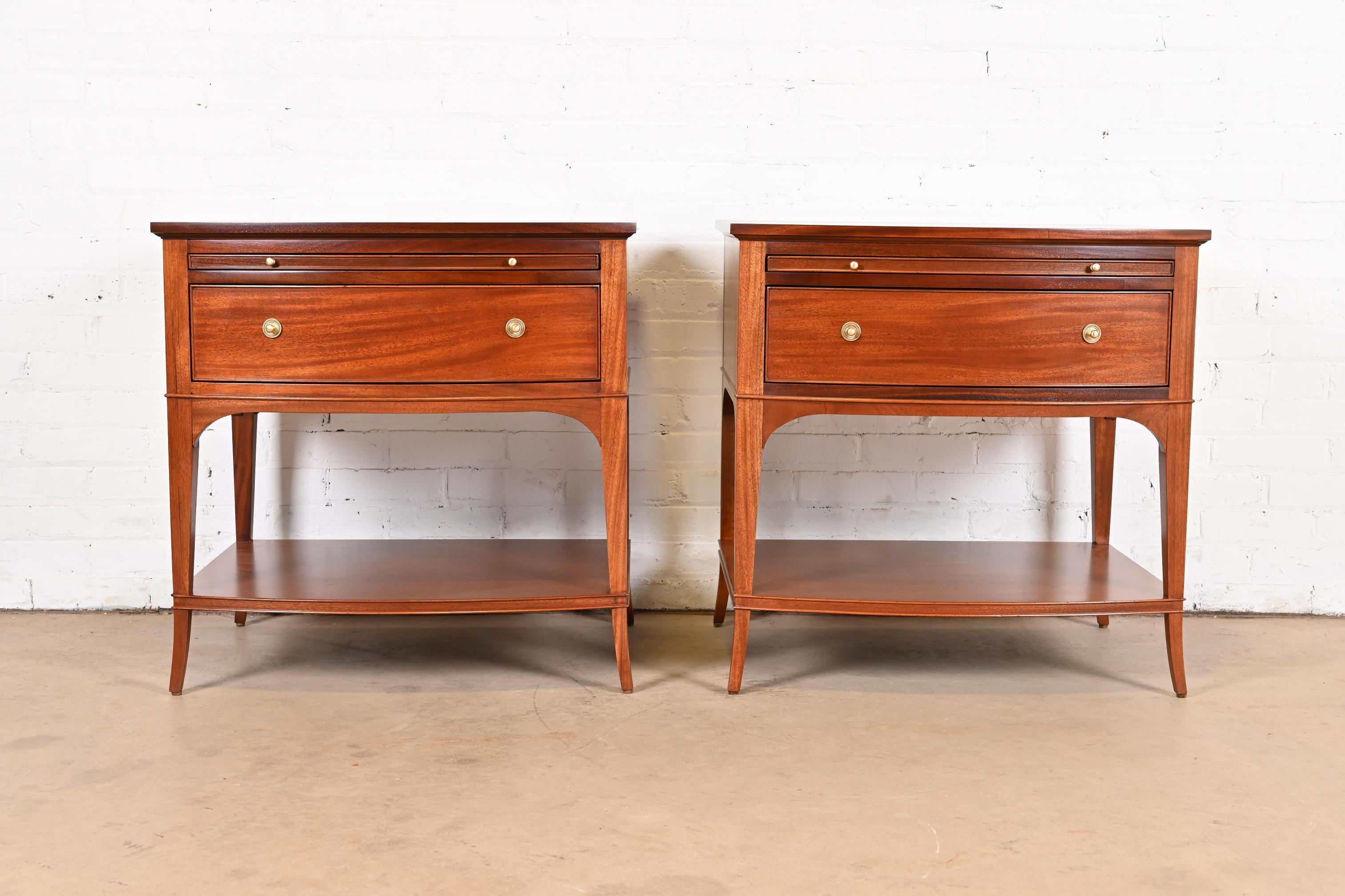 20th Century Baker Furniture Regency Mahogany Bedside Tables, Newly Refinished For Sale