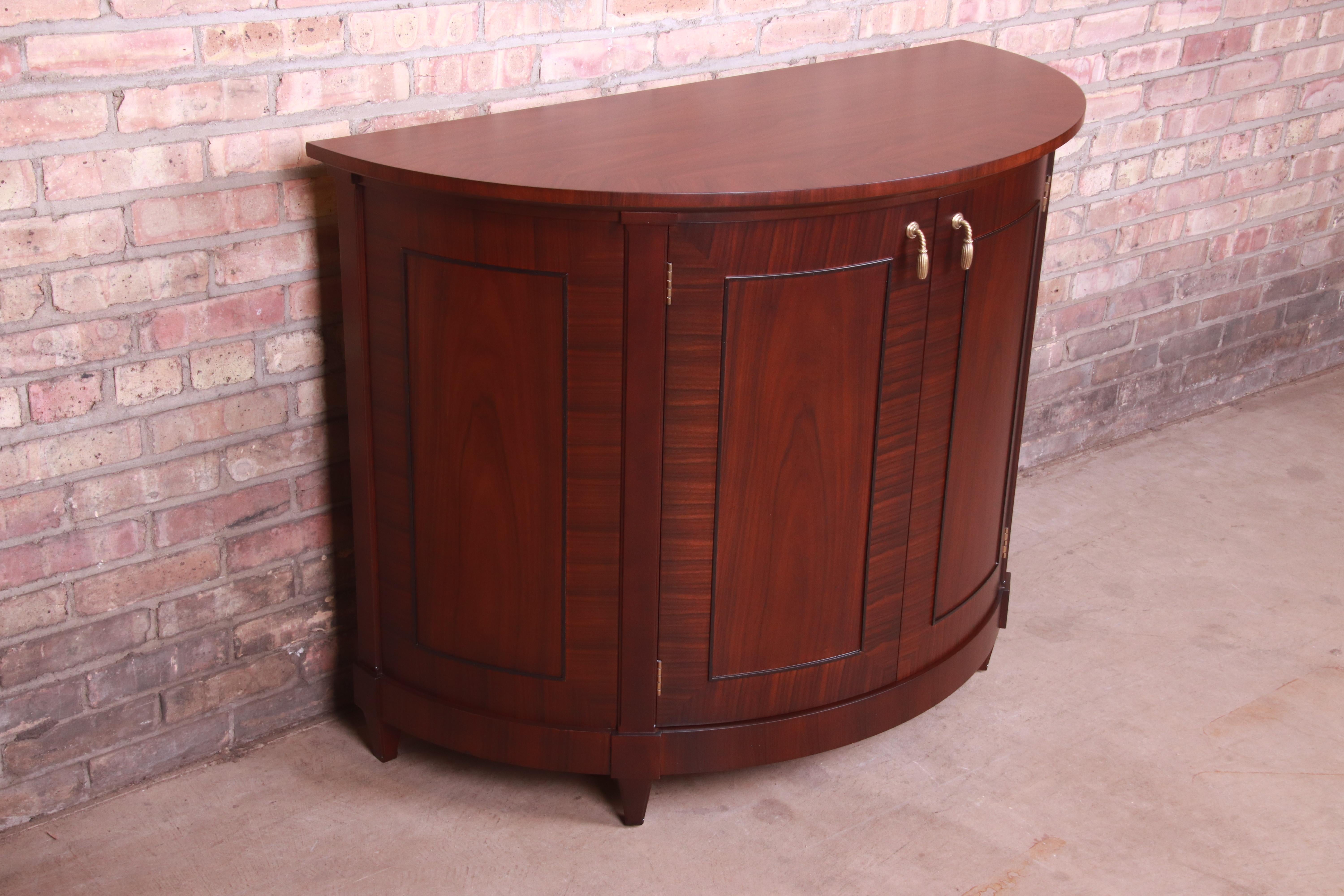 Baker Furniture Regency Mahogany Demilune Console or Bar Cabinet, Refinished In Good Condition In South Bend, IN