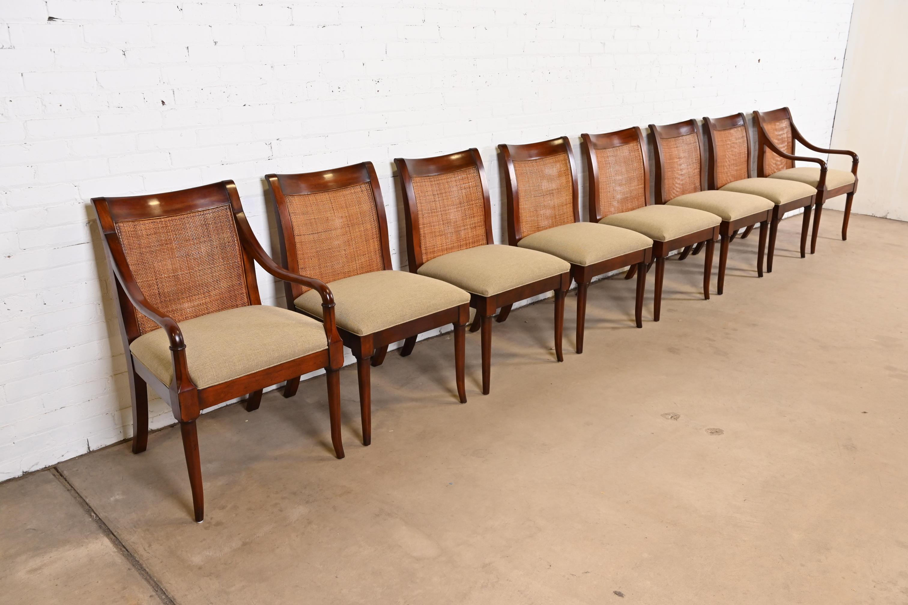 Indonesian Baker Furniture Regency Sculpted Mahogany Cane Back Dining Chairs, Set of Eight