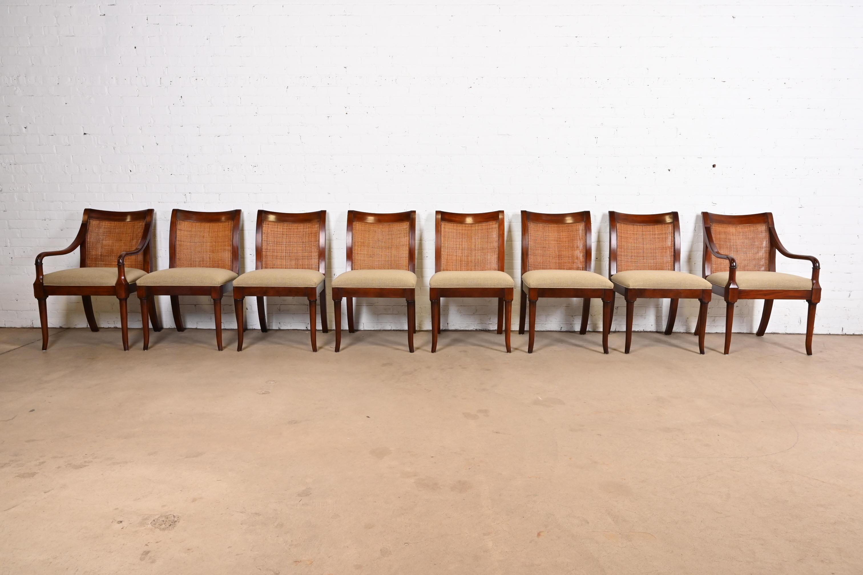 Baker Furniture Regency Sculpted Mahogany Cane Back Dining Chairs, Set of Eight In Good Condition In South Bend, IN