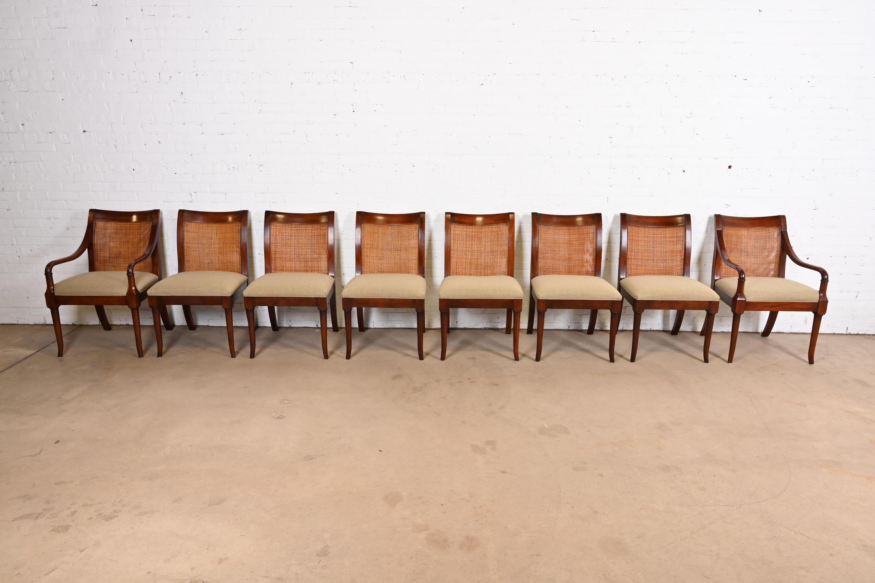 Contemporary Baker Furniture Regency Sculpted Mahogany Cane Back Dining Chairs, Set of Eight