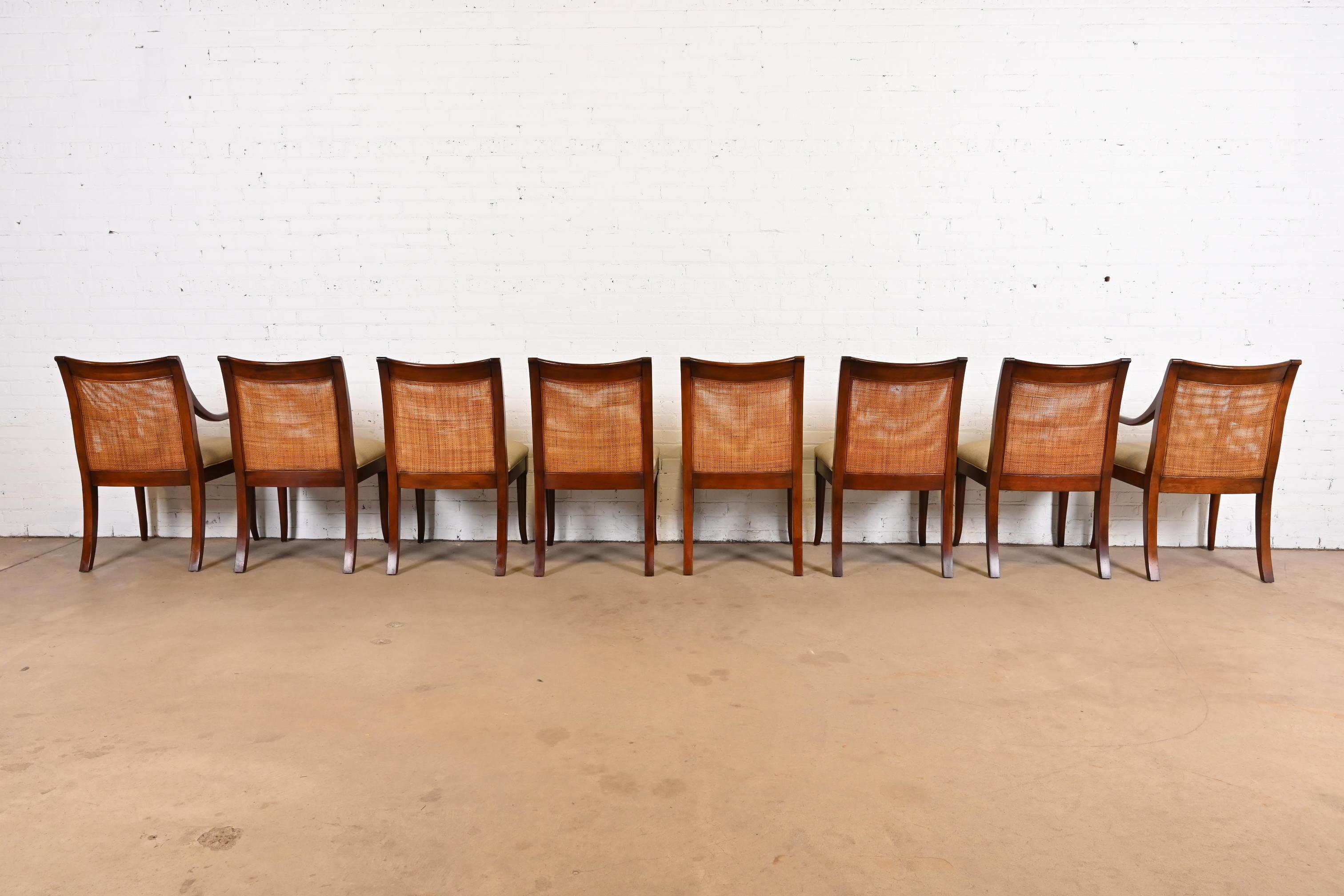 Upholstery Baker Furniture Regency Sculpted Mahogany Cane Back Dining Chairs, Set of Eight