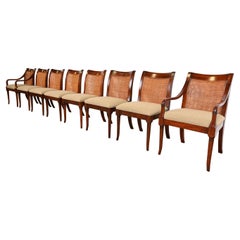 Baker Furniture Regency Sculpted Mahogany Cane Back Dining Chairs, Set of Eight