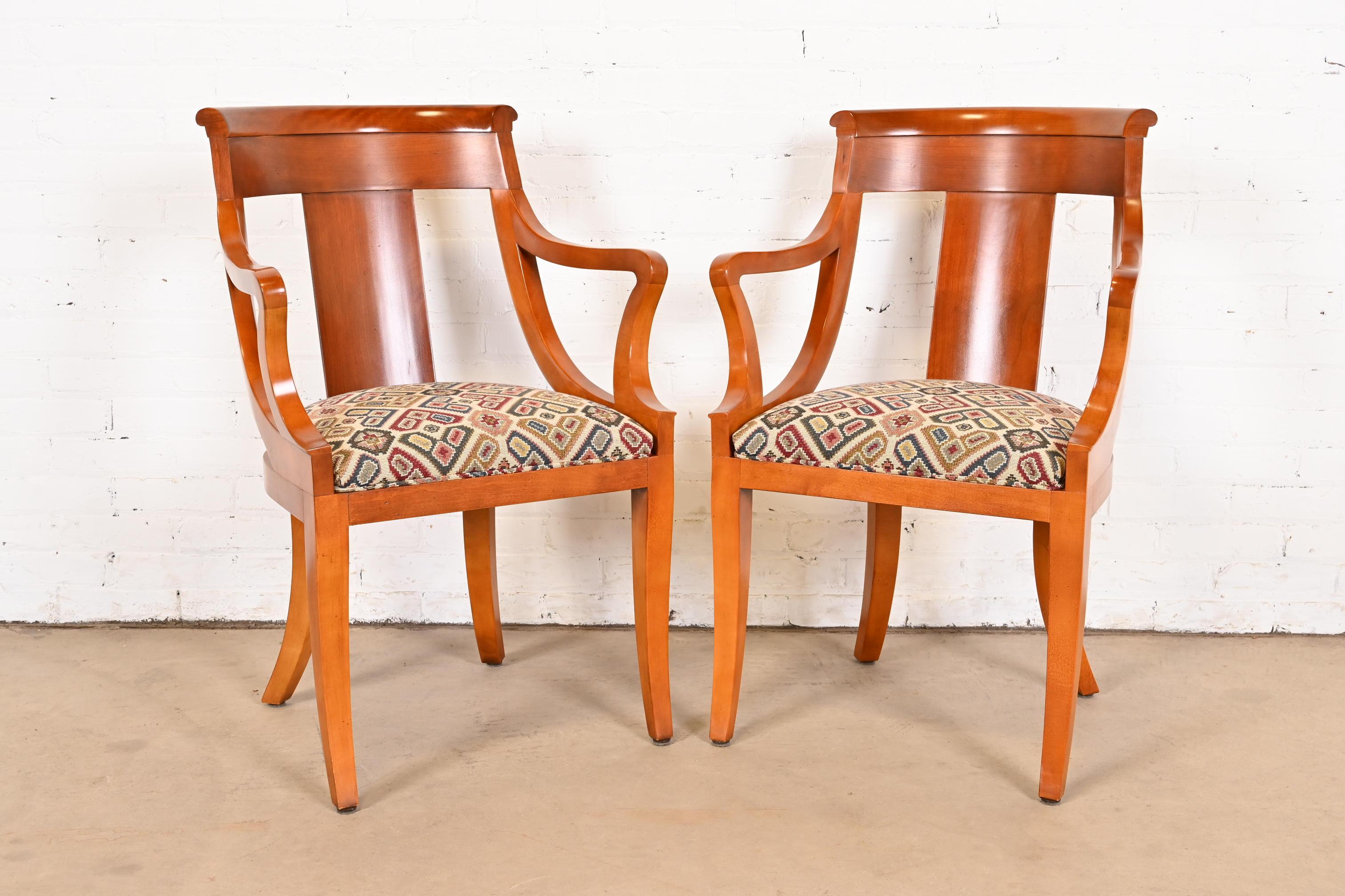 American Baker Furniture Regency Solid Cherry Wood Arm Chairs, Pair For Sale