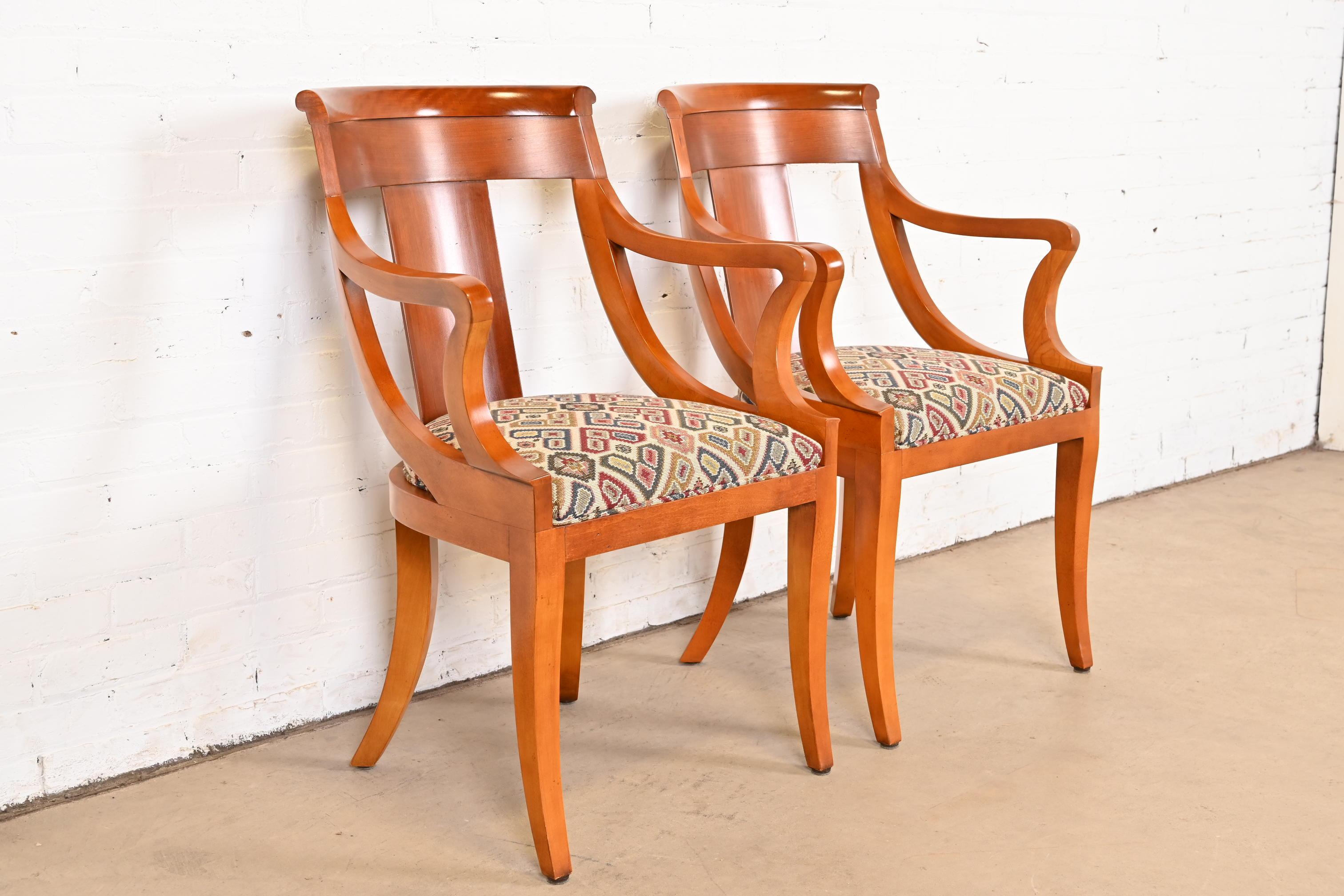 20th Century Baker Furniture Regency Solid Cherry Wood Arm Chairs, Pair For Sale