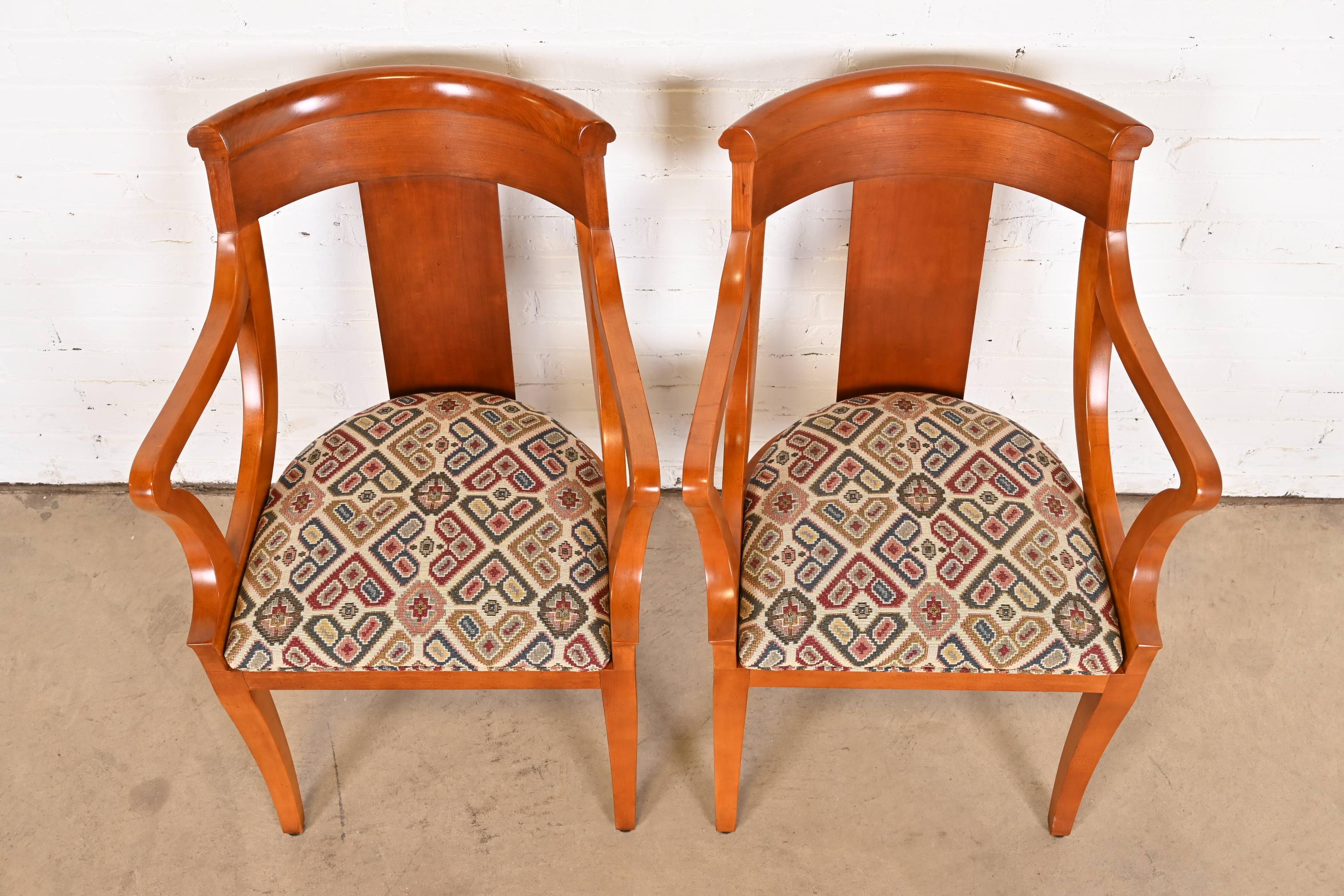 Upholstery Baker Furniture Regency Solid Cherry Wood Arm Chairs, Pair For Sale