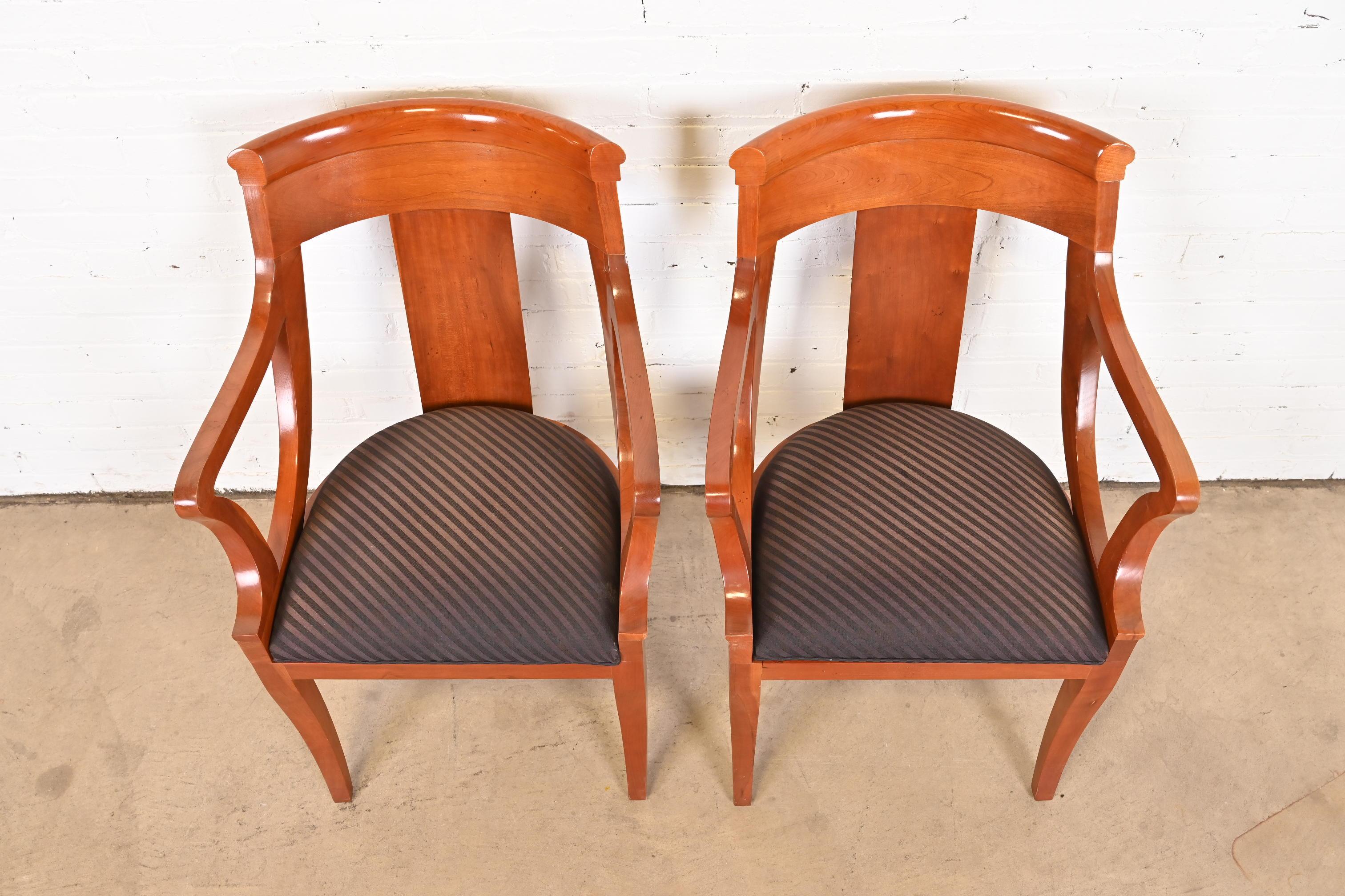 Upholstery Baker Furniture Regency Solid Cherry Wood Armchairs, Pair