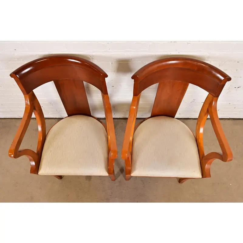 Upholstery Baker Furniture Regency Solid Cherry Wood Armchairs, Pair For Sale