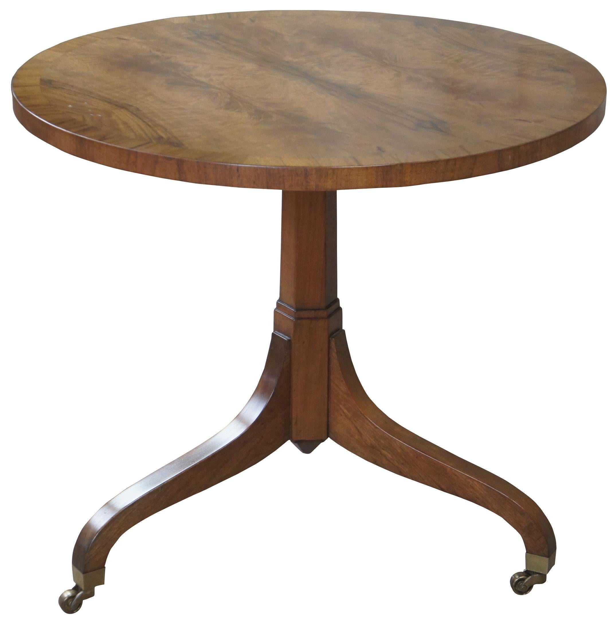 Baker Furniture Regency Style Book-Matched Walnut Side Table Tripod Pedestal In Good Condition In Dayton, OH
