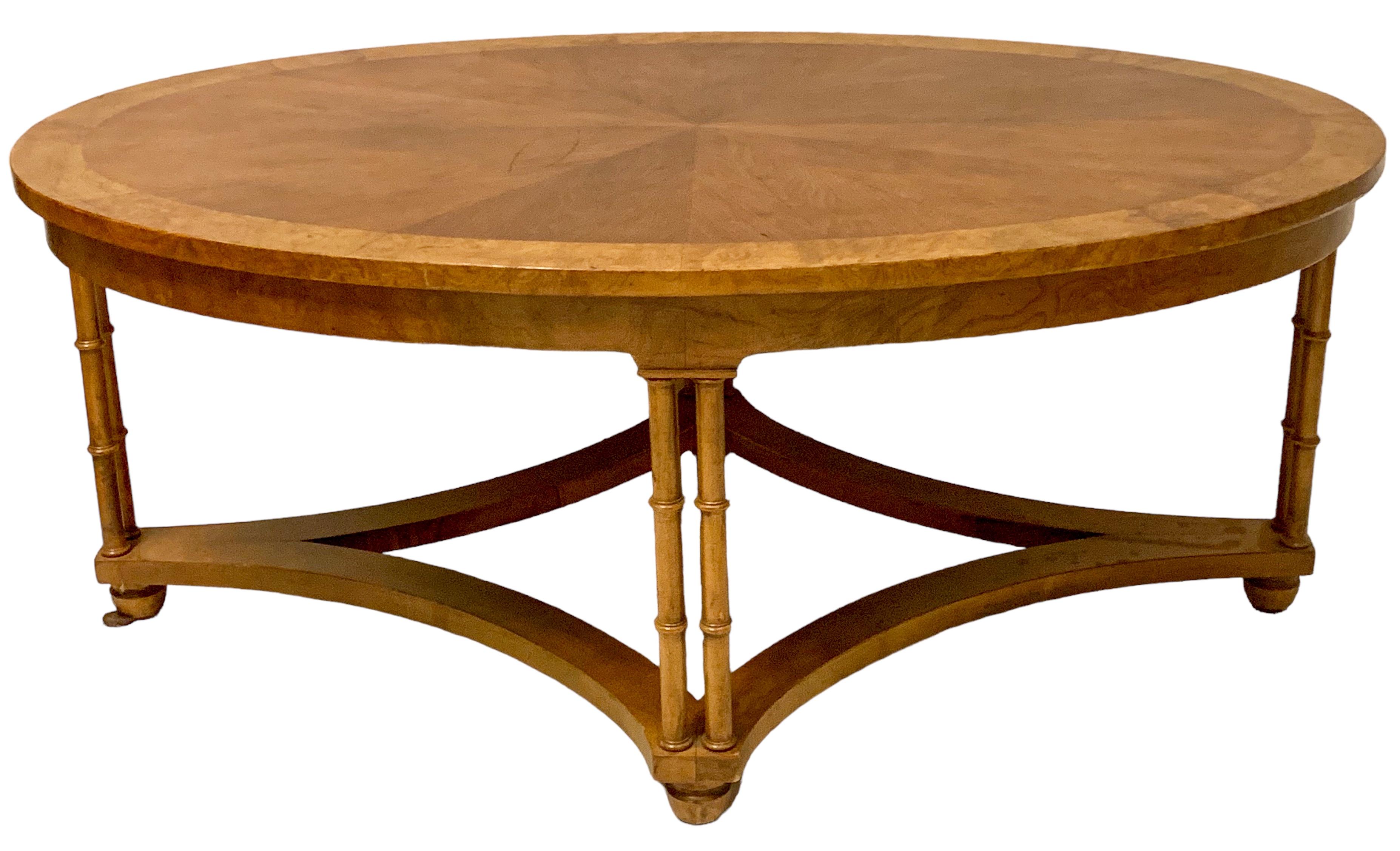 American Baker Furniture Regency Style Burl Walnut Inlaid Faux Bamboo Coffee Table