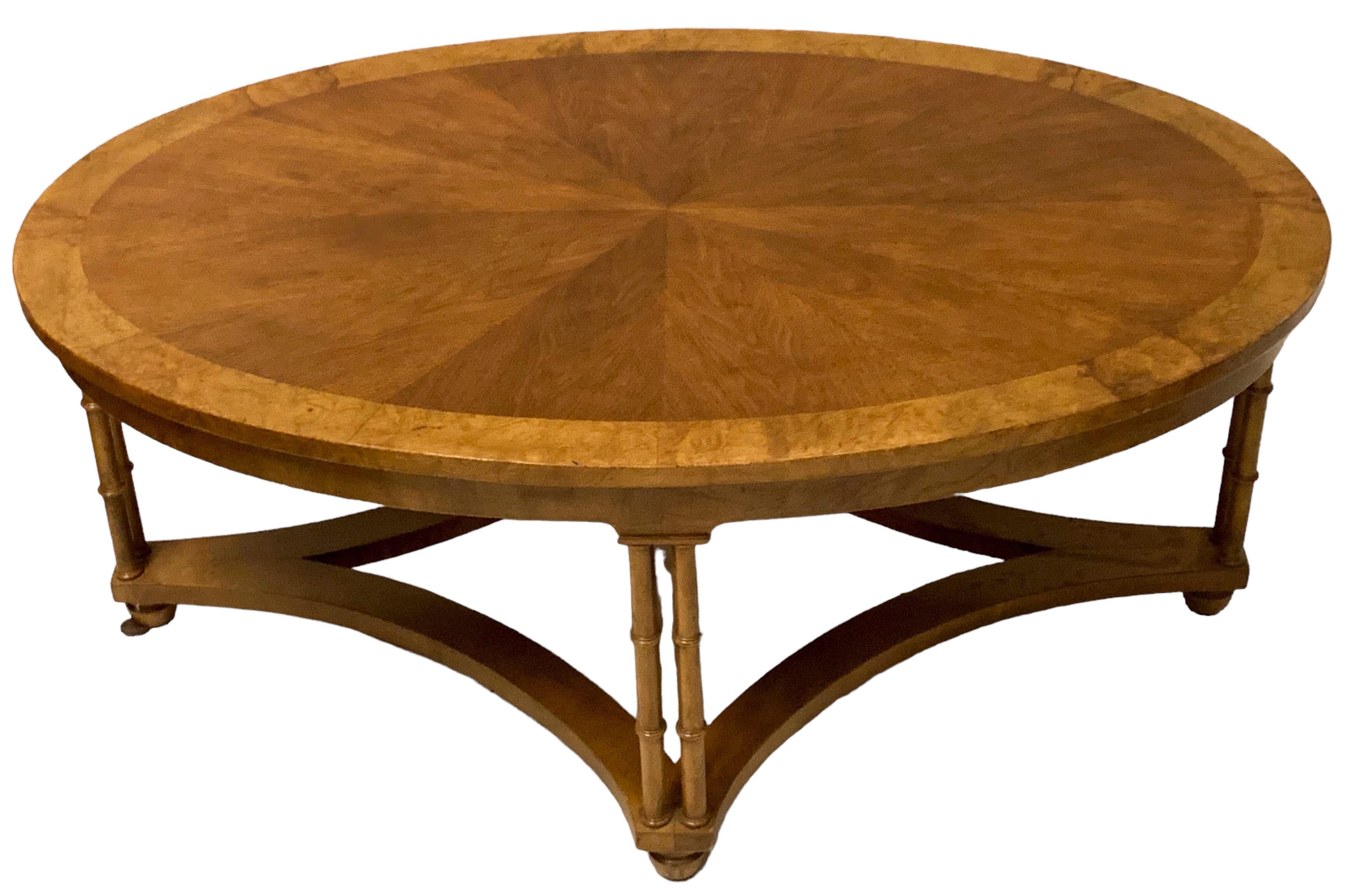 Baker Furniture Regency Style Burl Walnut Inlaid Faux Bamboo Coffee Table 1