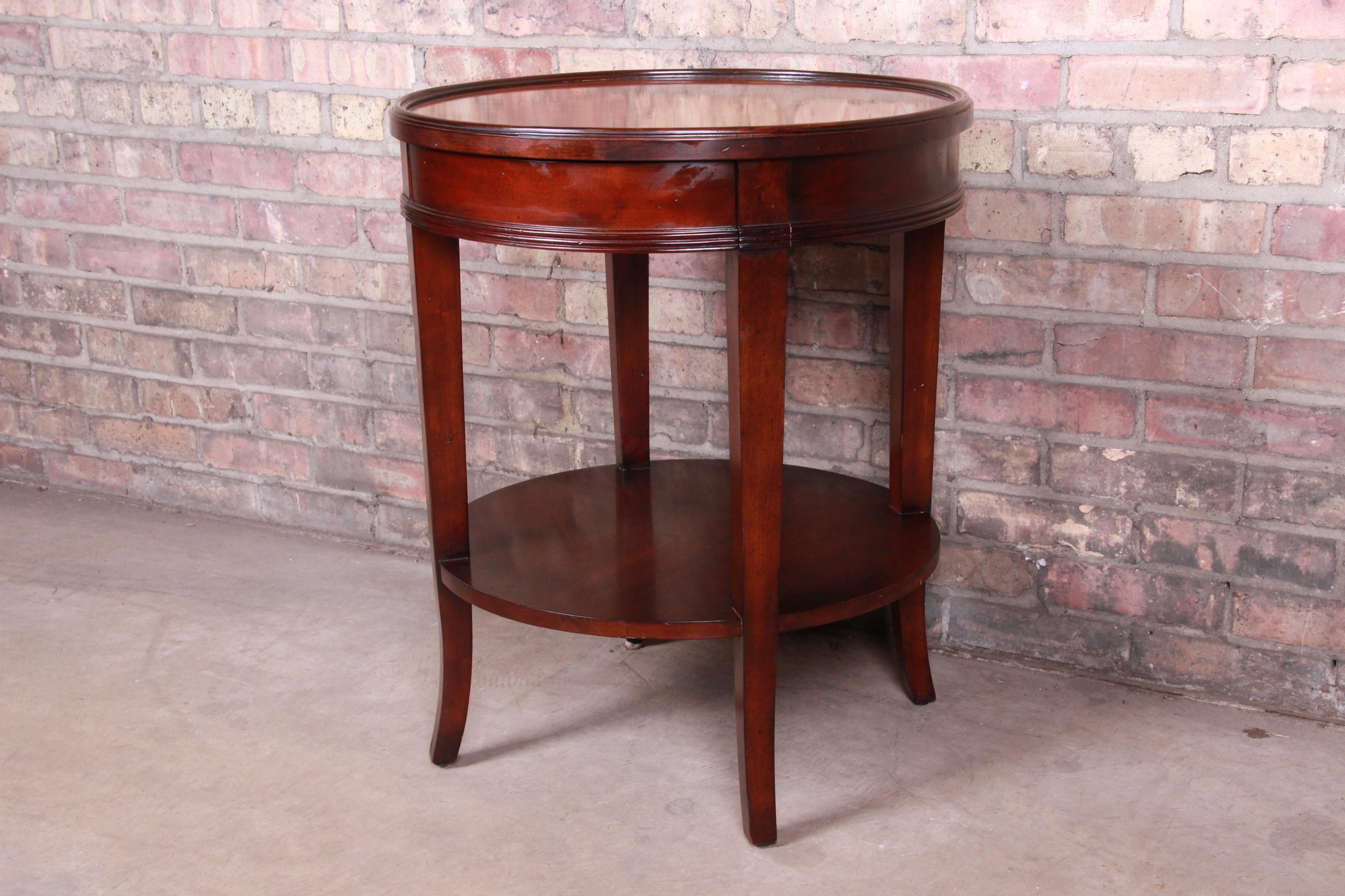 Baker Furniture Regency Style Mahogany and Burl Wood Two-Tier Side Table In Good Condition In South Bend, IN