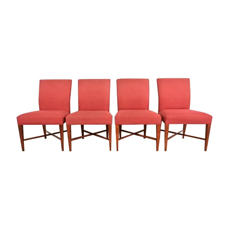 Baker Furniture Regency Sycamore Wood Upholstered Dining Chairs, Set of Four
