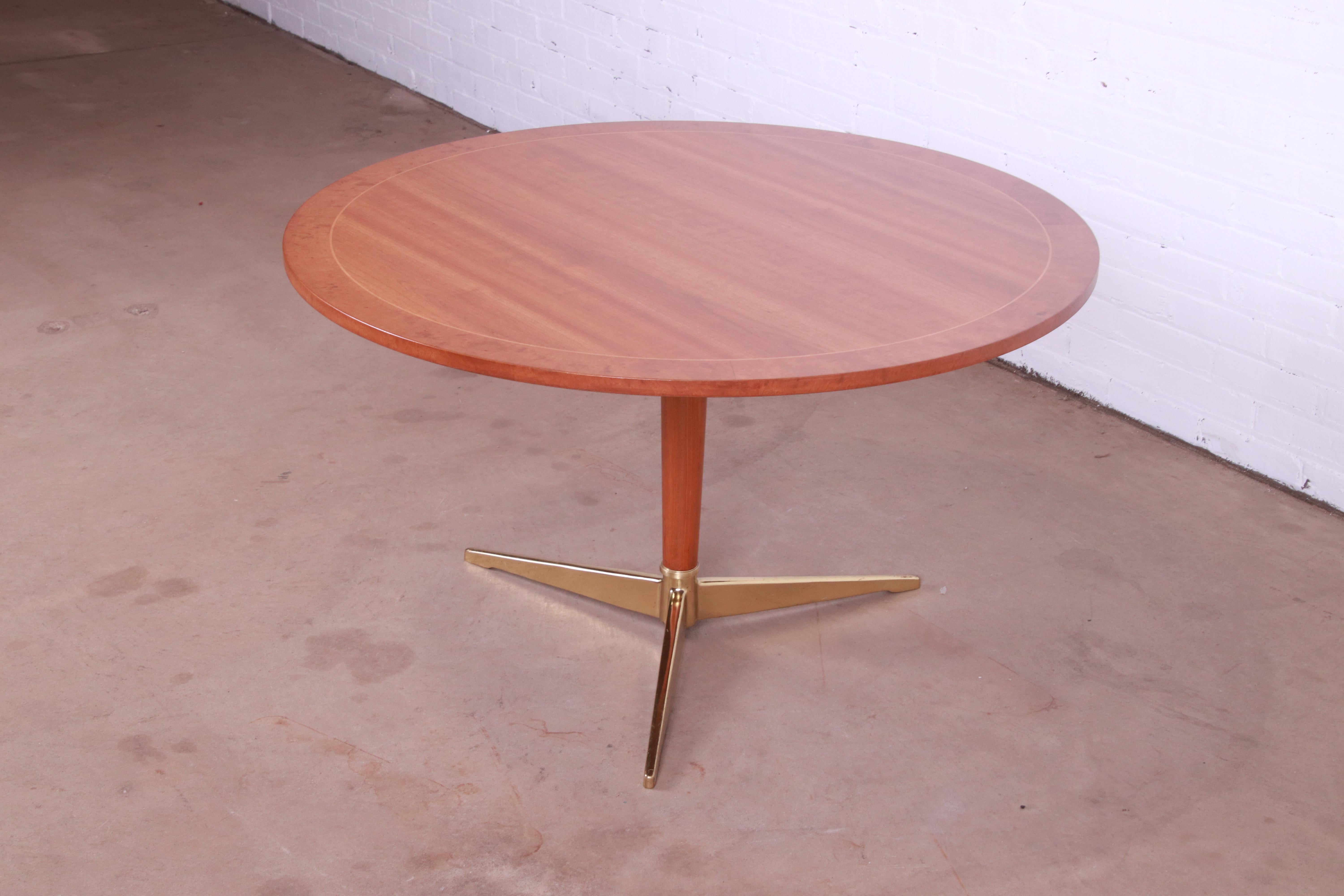 Mid-Century Modern Baker Furniture Rotating Café Table in Cherry, Burl, and Brass, Newly Refinished