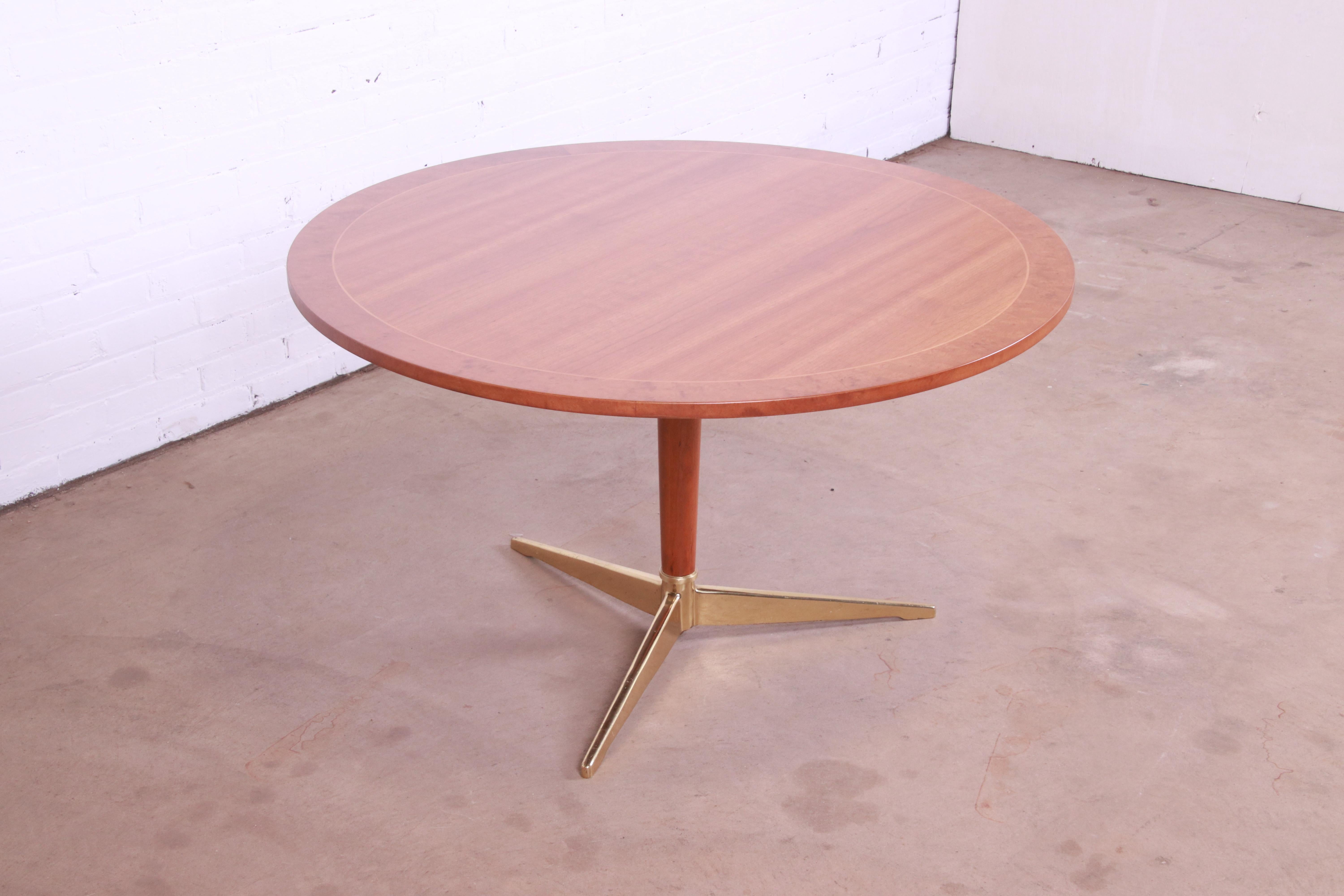 Baker Furniture Rotating Café Table in Cherry, Burl, and Brass, Newly Refinished In Good Condition In South Bend, IN