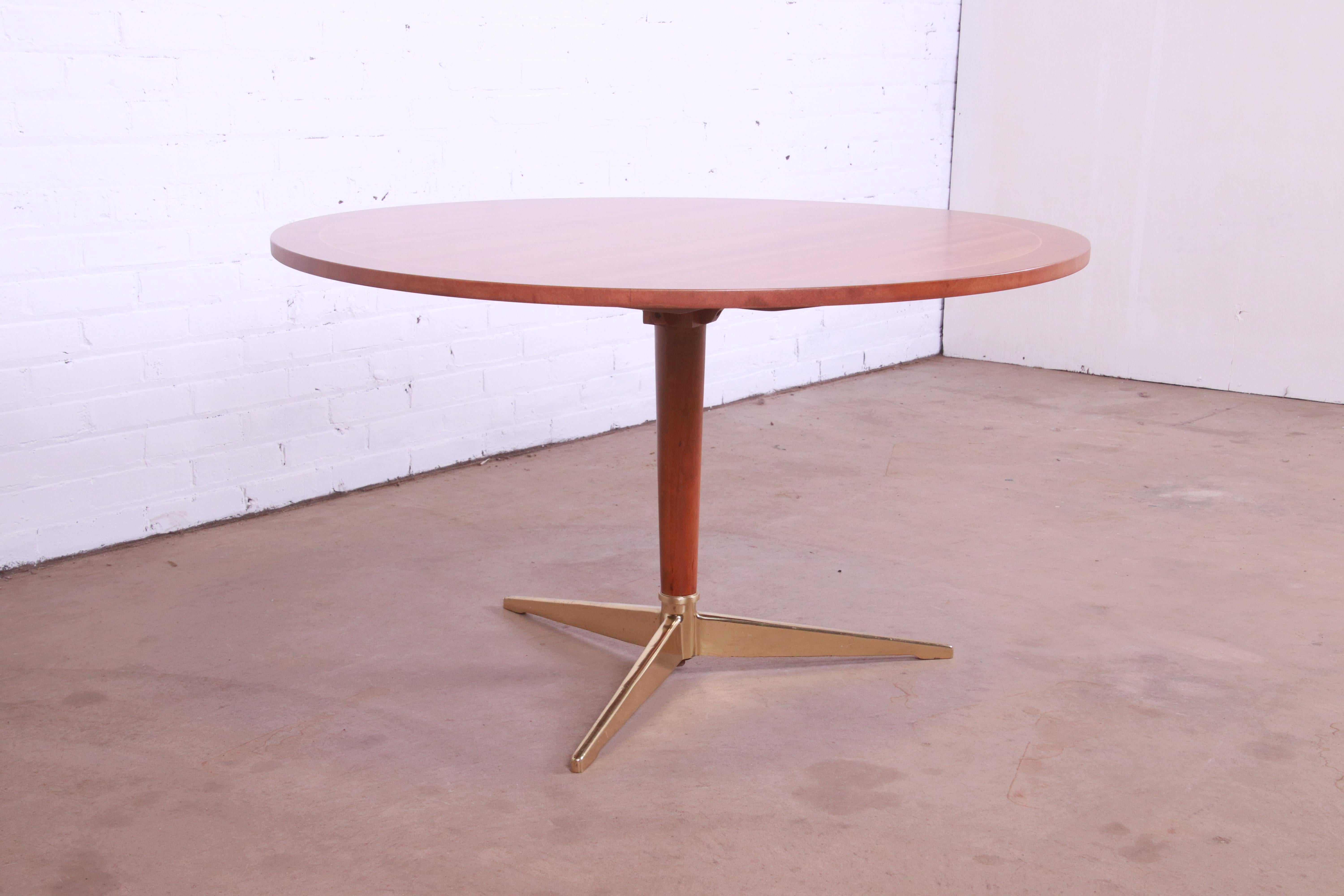 20th Century Baker Furniture Rotating Café Table in Cherry, Burl, and Brass, Newly Refinished