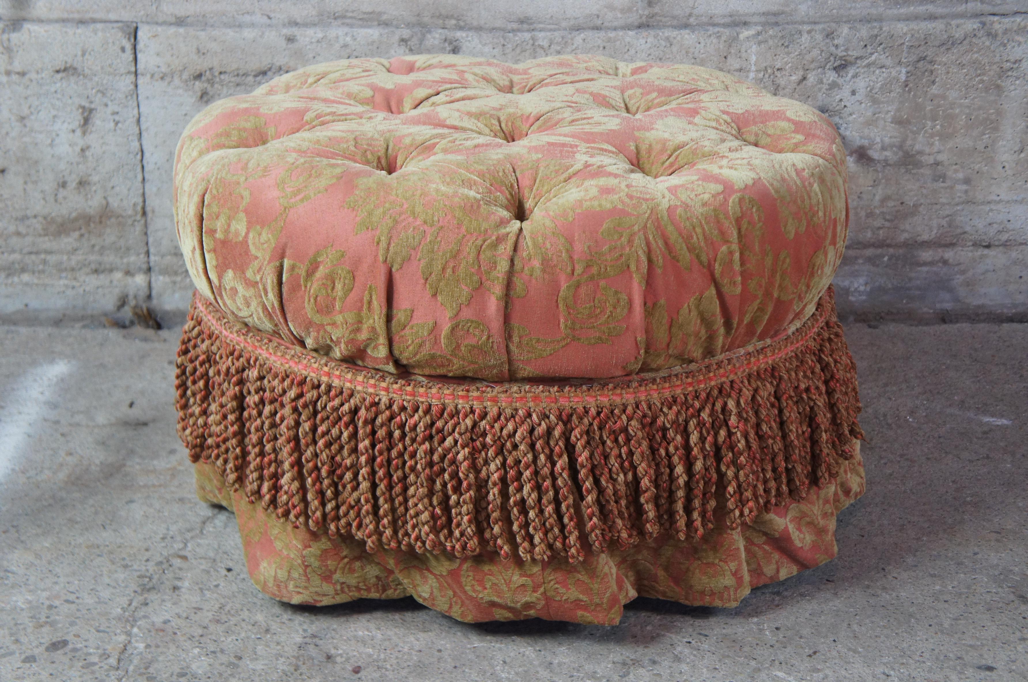 Baker Furniture Round Tufted Ottoman Traditional French Pouf Rolling Footstool In Good Condition In Dayton, OH