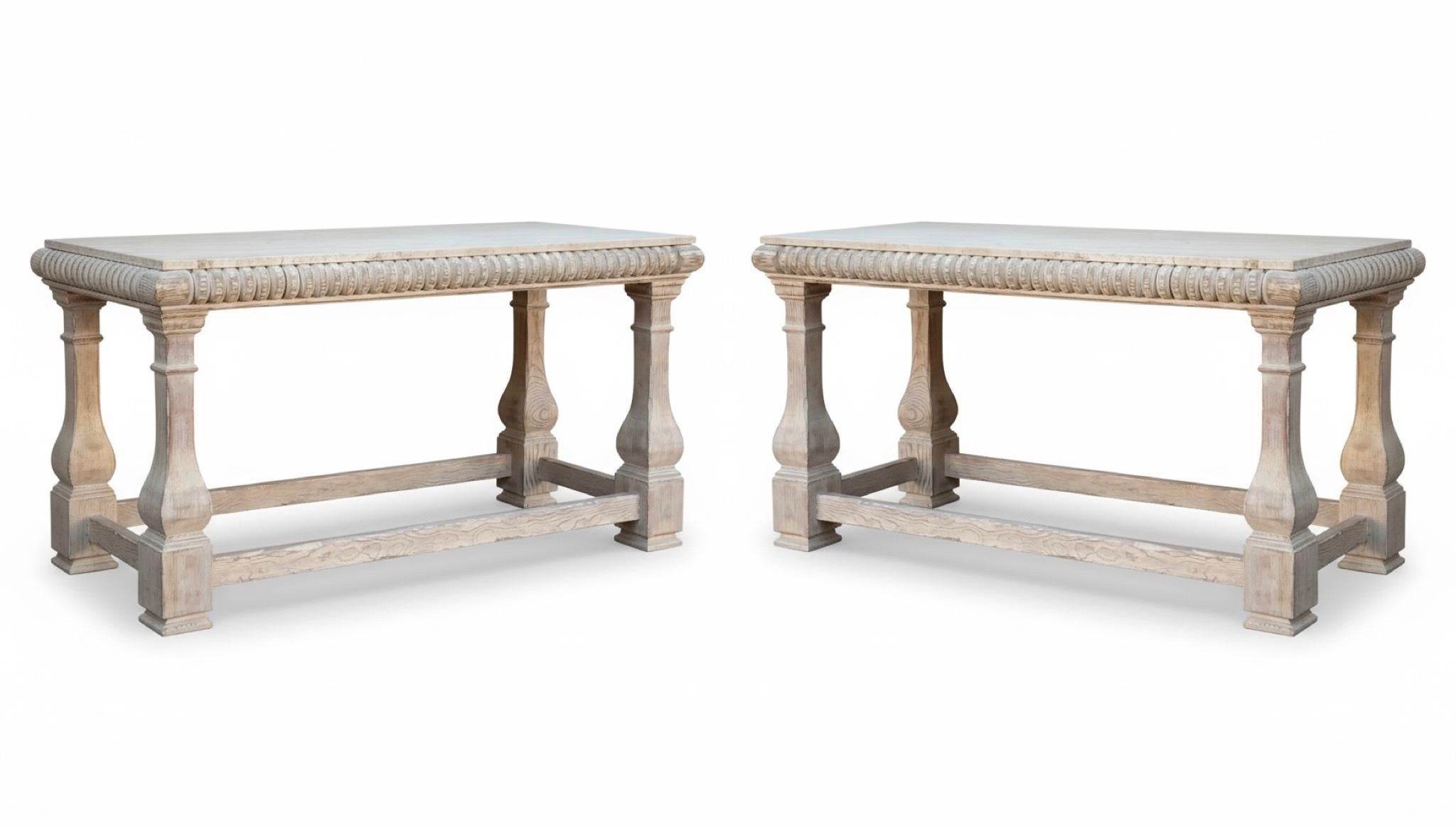 Baker Furniture Rustic French Style Cerused Marble Top Console Tables - Pair For Sale 5