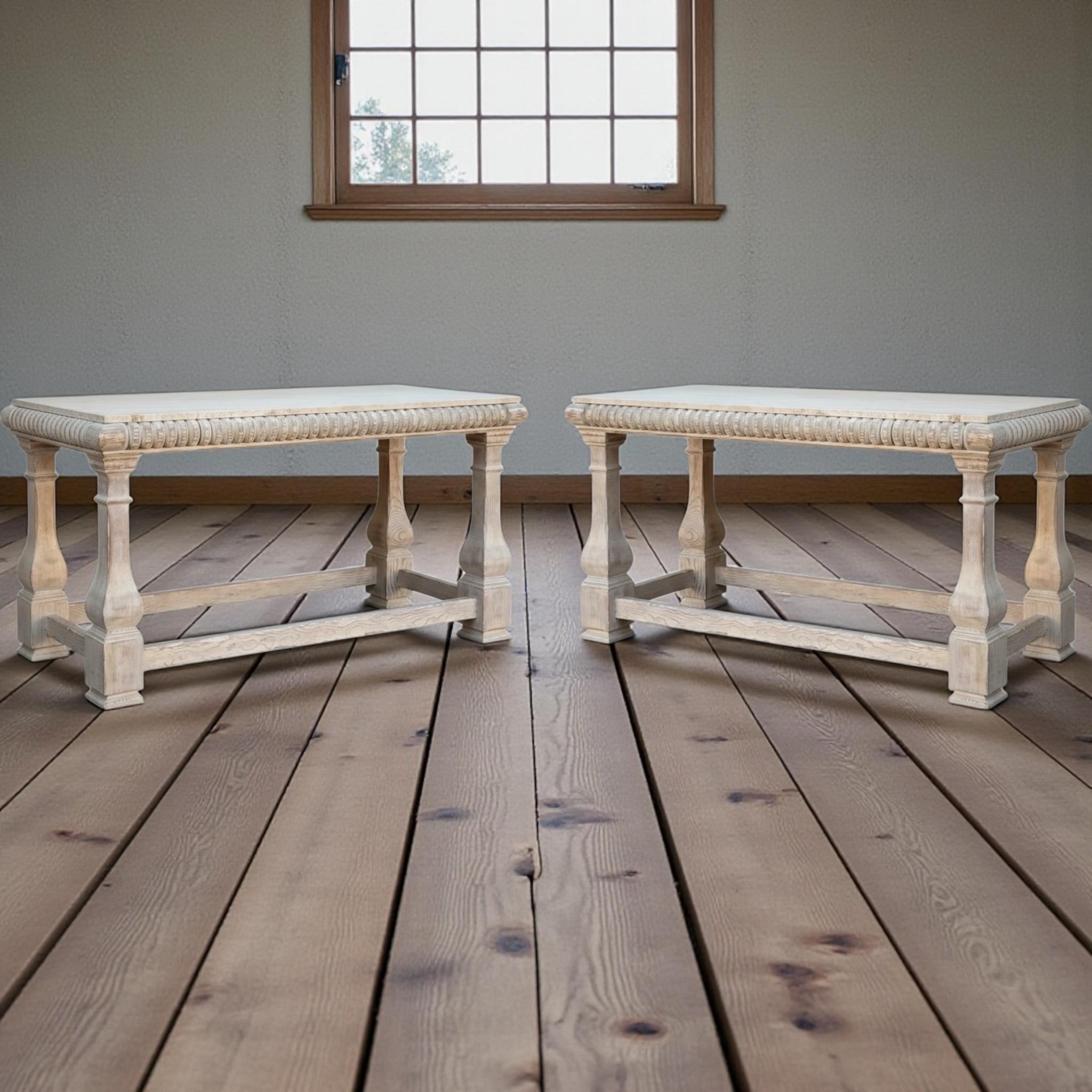 Baker Furniture Rustic French Style Cerused Marble Top Console Tables - Pair For Sale 3