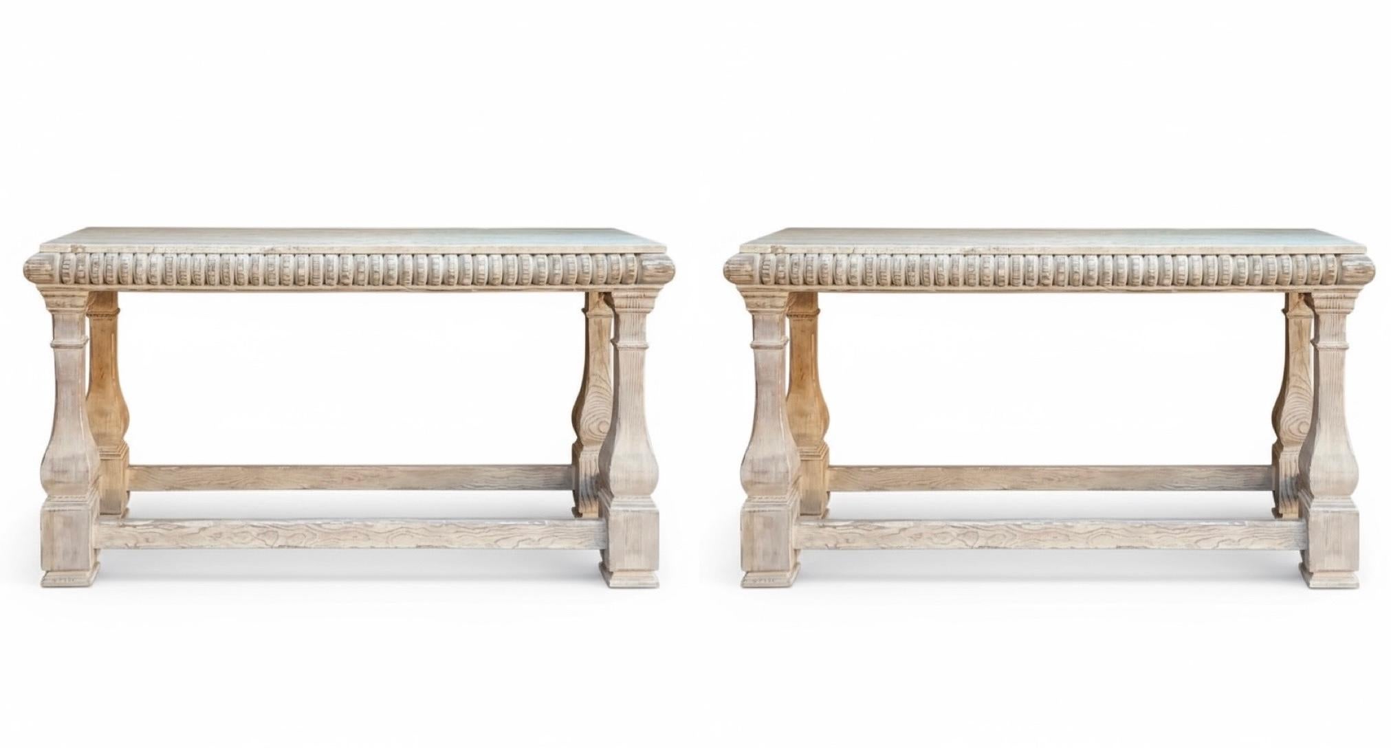 Baker Furniture Rustic French Style Cerused Marble Top Console Tables - Pair For Sale 4