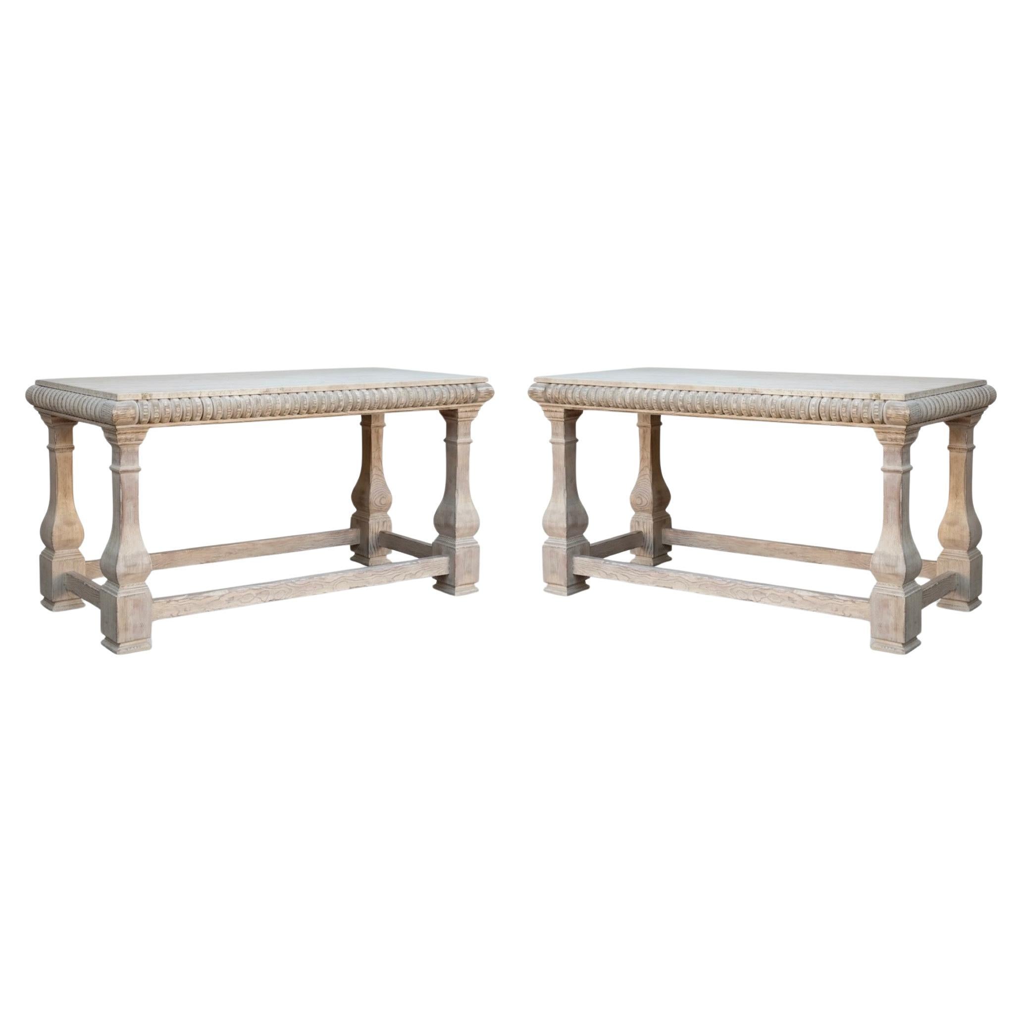 Baker Furniture Rustic French Style Cerused Marble Top Console Tables - Pair For Sale