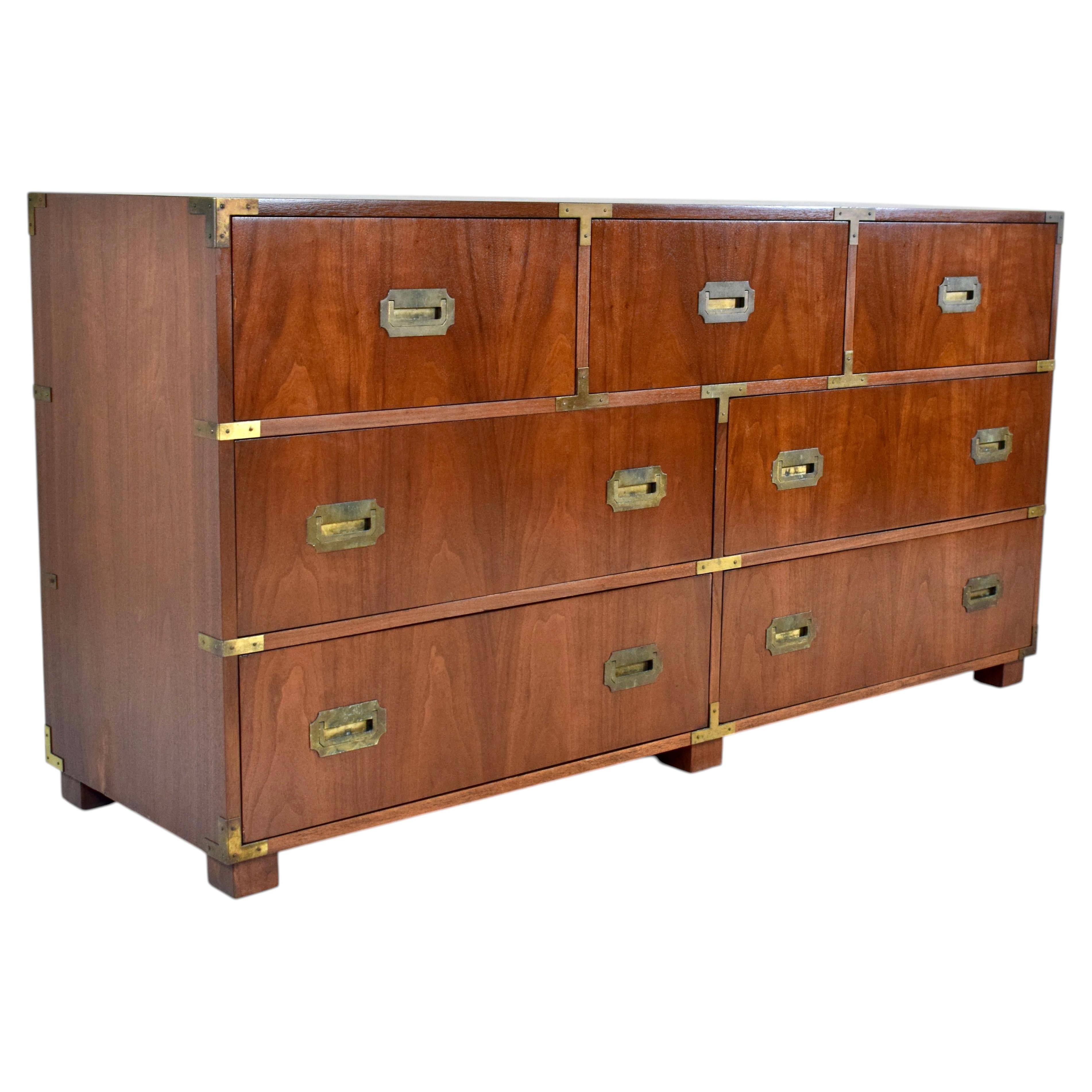 Baker Furniture Signed Campaign Seven Drawer Dresser Chest of Drawers 1950s