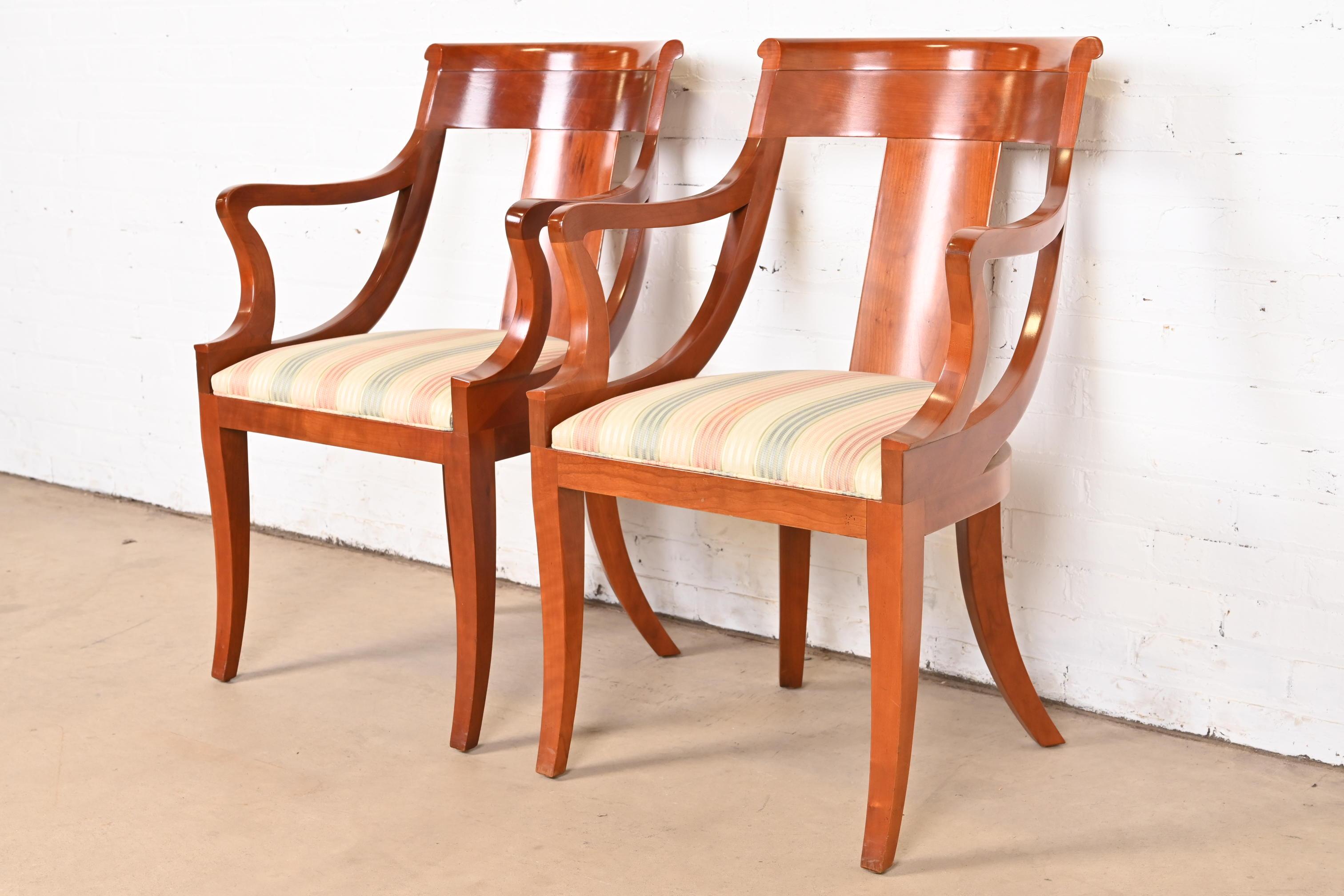 Late 20th Century Baker Furniture Solid Cherry Wood Regency Arm Chairs, Pair For Sale