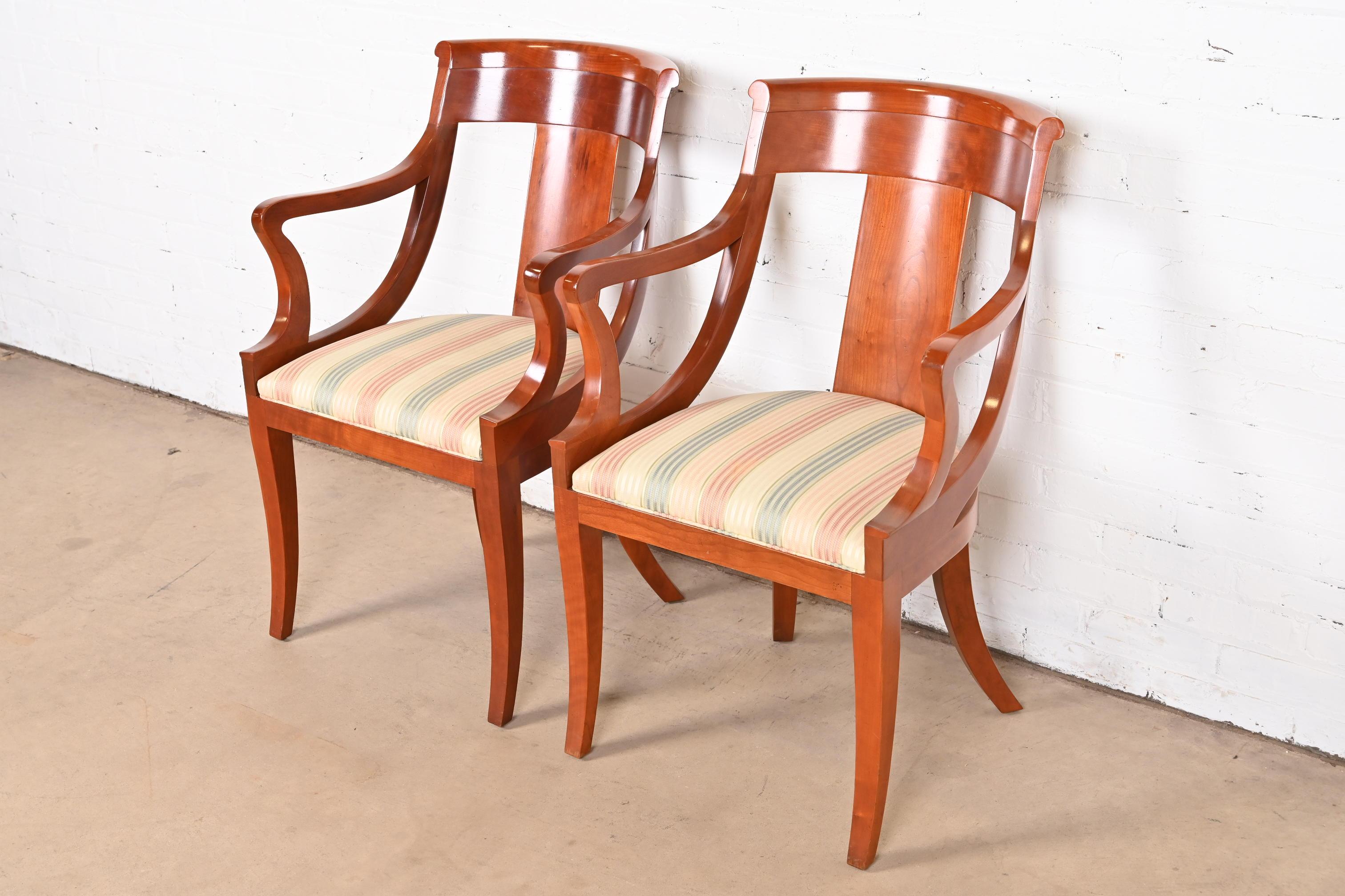 Upholstery Baker Furniture Solid Cherry Wood Regency Arm Chairs, Pair For Sale